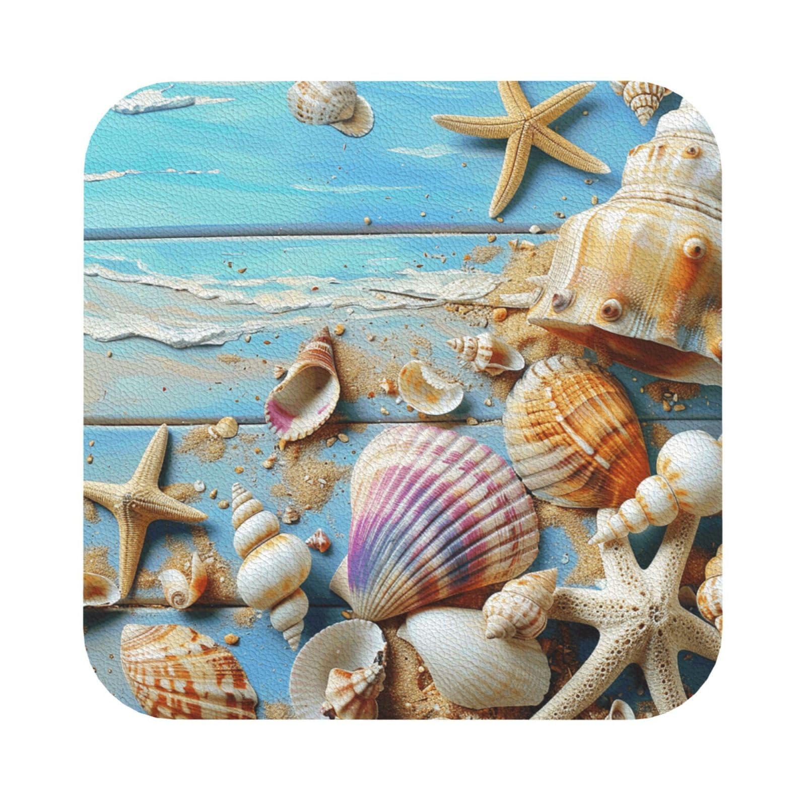 Beach Theme Seashells Print Leather Coaster Set of 6, Square Coasters Table Decorative Coffee Cup Beverage Coasters Wine Beer Bar Coasters for Hot Drinks Table Protection