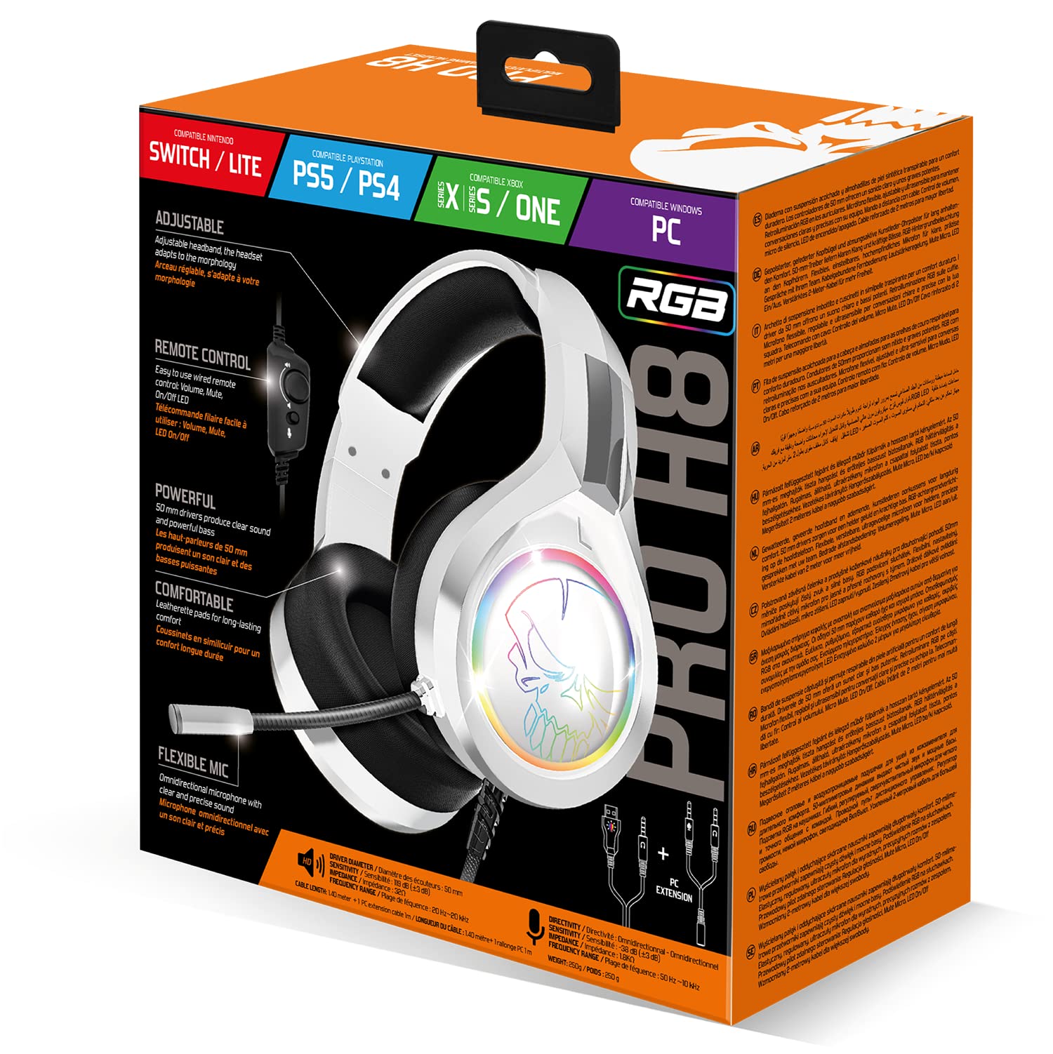 SPIRIT OF GAMER - PRO H8, Cuffie Gaming Cablato Bianco RGB con Microfono, Compatibile con PS5, PS4, Xbox, Switch e PC, Audio stereo 2.0, Uscita USB e Jack,Cuscino in Similpelle e Archetto Regolabile