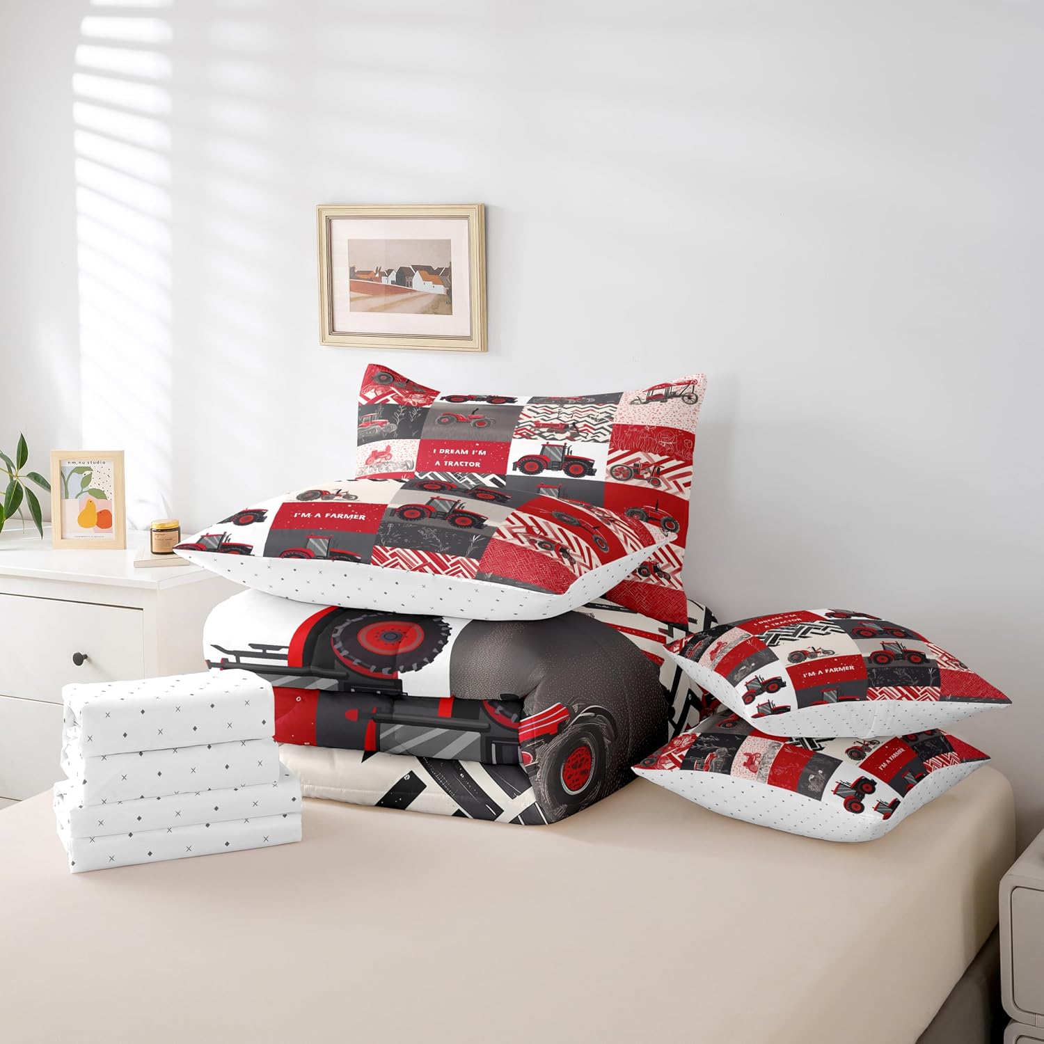 Erosebridal 7 Pcs Kids Tractor Bedding Sets Red Cartoon Tractor Quilt with Flat Fitted Sheet Full Farm Vehicle Truck Bed in A Bag Equipment Construction Comforter Set Geometric Plaid Decor