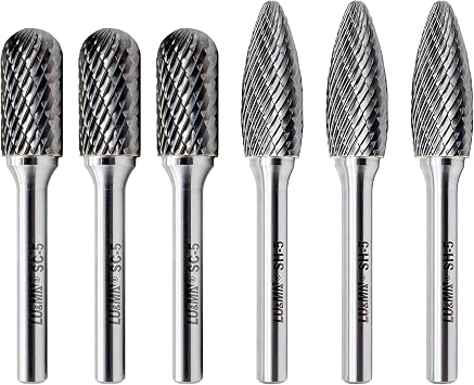Tungsten Carbide Burr Cylinder Shape SC-5 3PCS and Flame Shape SH-5 3PCS, Double cut, both with 1/4"shank, for Die Grinder Drill,Metal Carving,Polishing,Engraving,Drilling By LU&MN