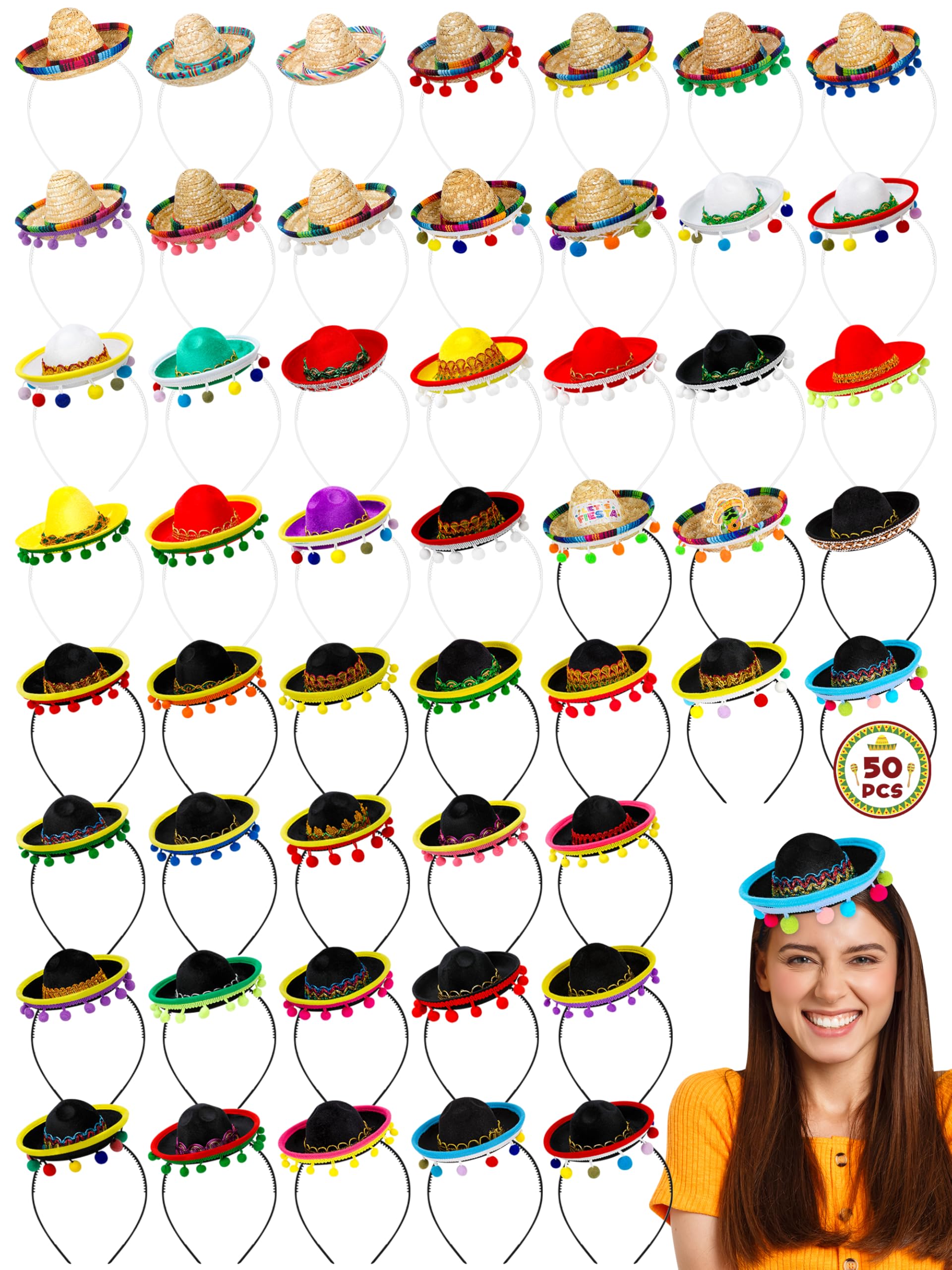 50 Stück Cinco De Mayo Sombrero Stirnband, Stoff Cinco de Mayo Sombrero Stirnbänder, Mini mexikanischer Partyhut mit Stirnband, Fiesta-Stirnbänder, Party-Stirnbänder für lustige Fiesta-Hut-Party,