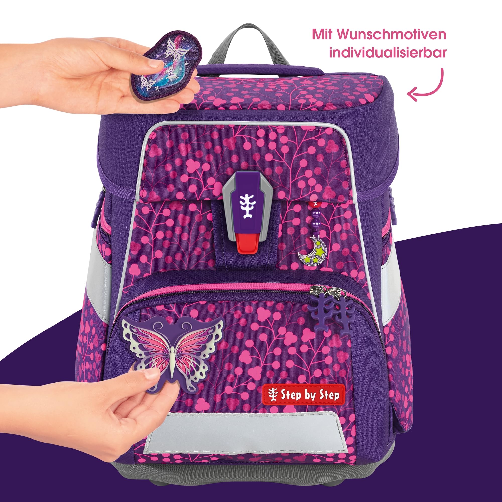Step by Step Schulranzen-Set Space Shine Butterfly Night Ina, 5-teilig, lila, ergonomischer Tornister mit Reflektoren, höhenverstellbar mit Hüftgurt, ab der 1. bis 4. Klasse, 20l