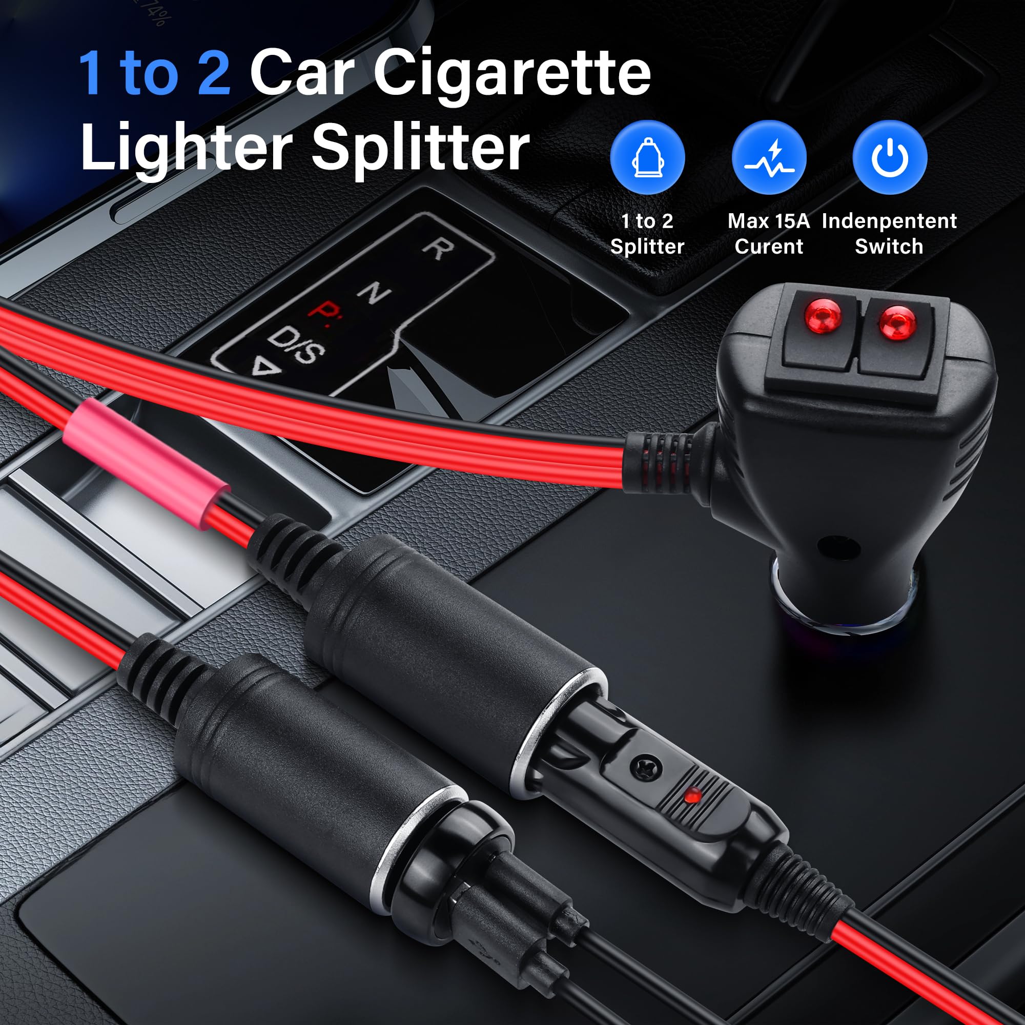 SinLoon Adapter rozdzielacza zapalniczki samochodowej 12 V z 2 niezależnymi przełącznikami, zapalniczka 16AWG, 1 gniazdo męskie na 2 żeńskie, rozdzielacz Y, kabel zasilający z bezpiecznikiem 15 A, 0,3