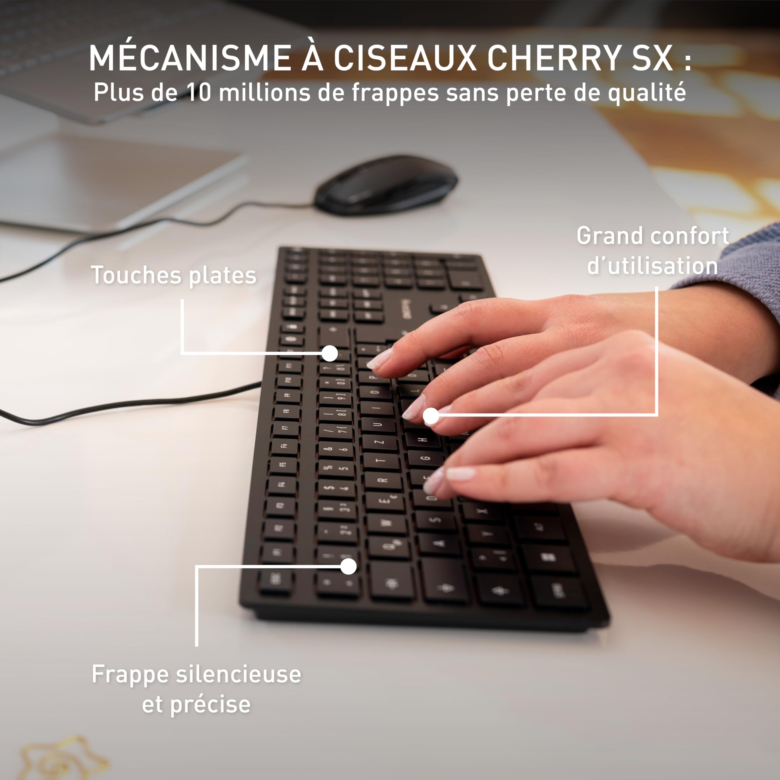 CHERRY KC 6000 Slim, Clavier au Design Ultra-Plat, Disposition française (AZERTY) Filaire (Port USB-A), Touches silencieuses, Marquage Durable, Noir