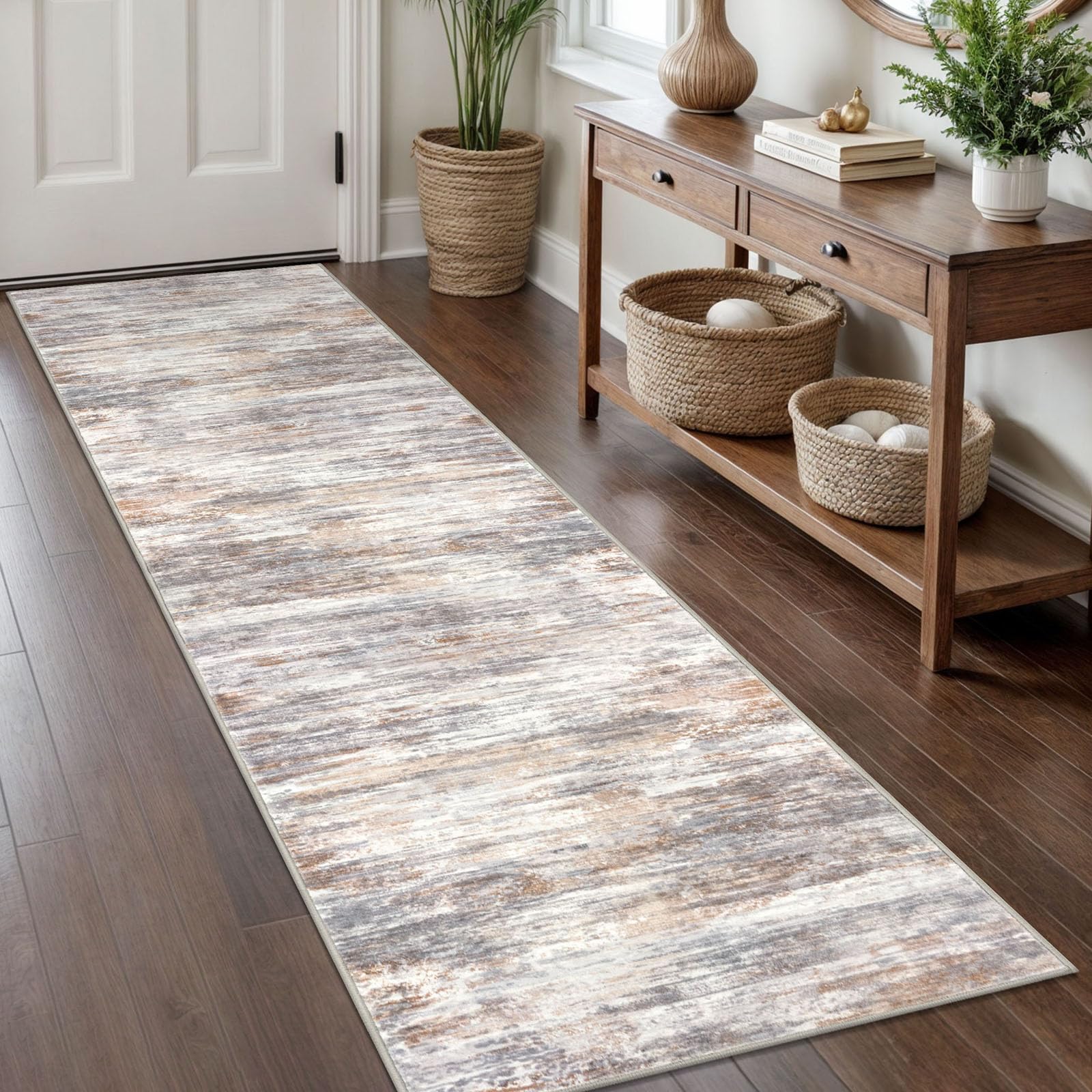 KOZYFLY Modern Abstract Hallway Runner Rug, 2x8 Kitchen Rugs Non-Slip Washable Soft Striped Kitchen Runner Rugs, Print Multi Grey Carpet Runner for Entryway Bathroom Laundry Room Foyer — image 1