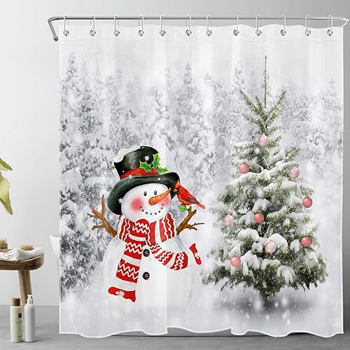 MEUNEAR Cortina de ducha de muñeco de nieve de Navidad, bola de Navidad rosa sobre pino, cortina de ducha de invierno para baño, cubierta de bosque