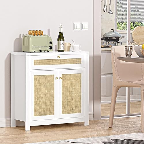 Miniatura 3 de Giluta Aparador blanco, armario de cocina con puerta y cajón, armarios de acento de ratán, mesa consola de armario para comedor, sala de estar,