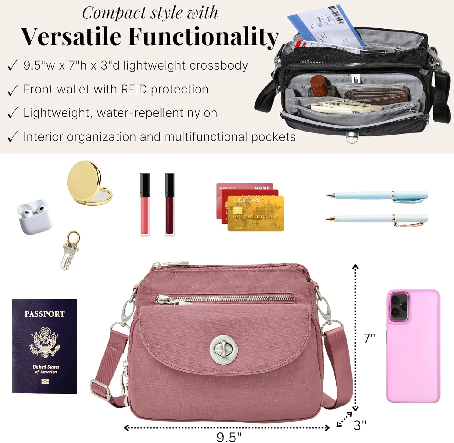 Baggallini Calais Crossbody Bags for Women 10x7 Lightweight Water-Resistant Travel Purse, RFID & Interior Organization