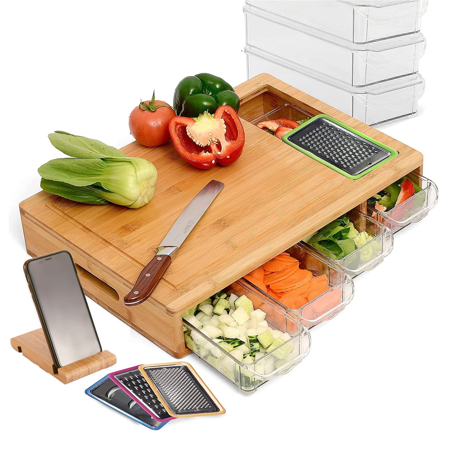 CARLA HOME Large Bamboo Chopping Board and 4 Containers with Mobile Holder Gift Included for Kitchen, Large Cutting Board with Juice Grooves, Sliding Opening and Carving Board with Trays for Storage