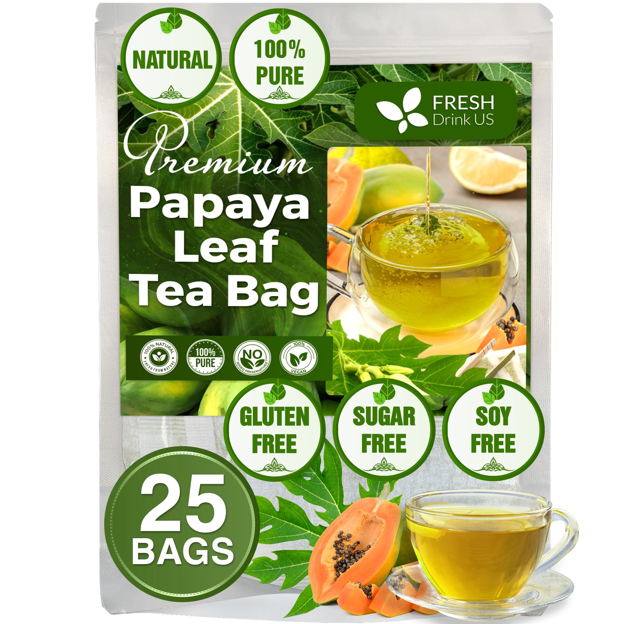 FreshDrinkUS, Premium 25 Papaya Leaf Tea Bags, 100% Natural & Pure from Papaya Leaves. Loose Leaf Papaya Herbal Tea. Made with Natural Material Tea Bags. No Sugar, No Caffeine, No Gluten, Vegan.