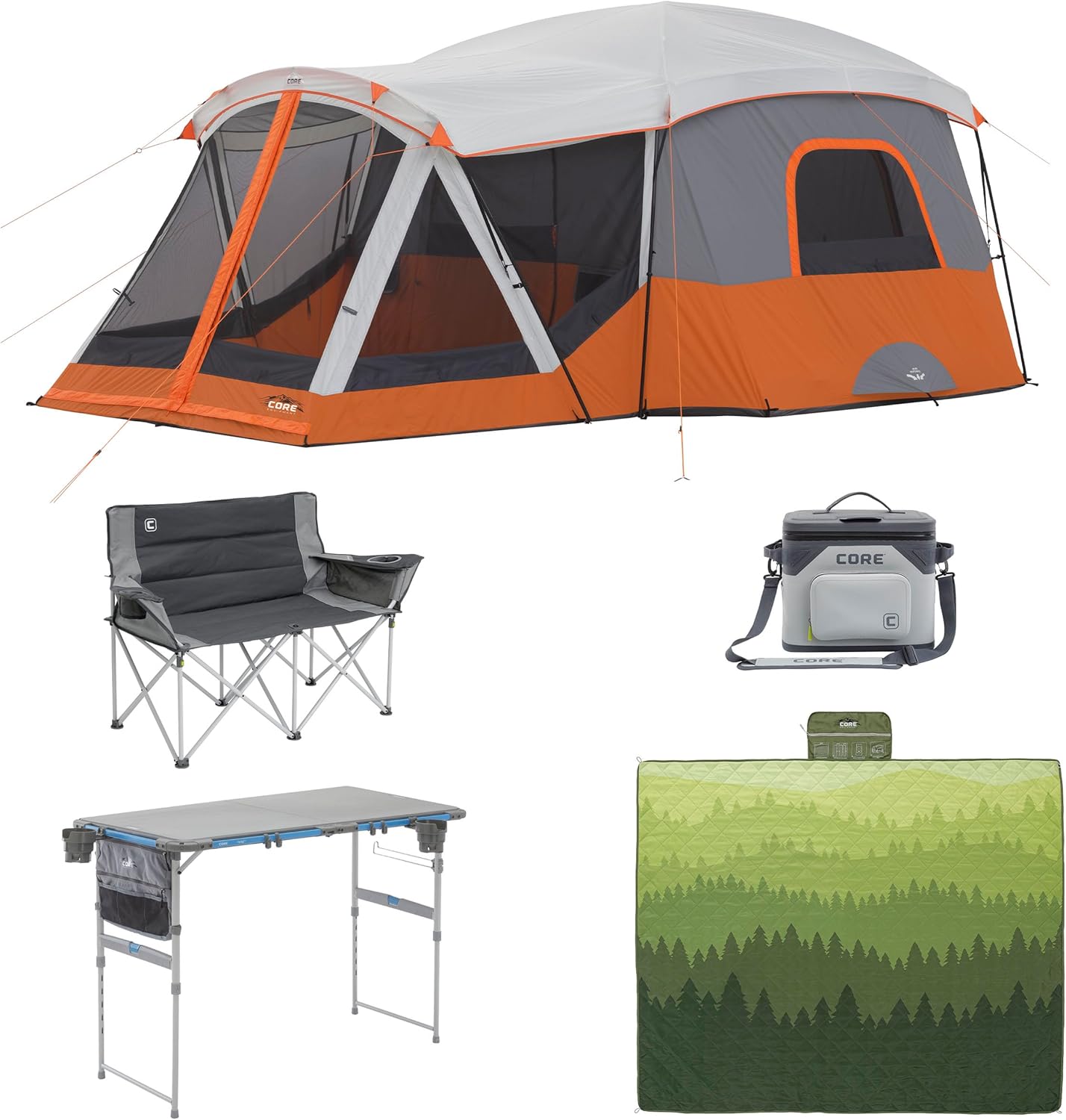CORE 11 Person Straight Wall Cabin Tent Bundle with Camp Table, Loveseat, Blanket, and Cooler