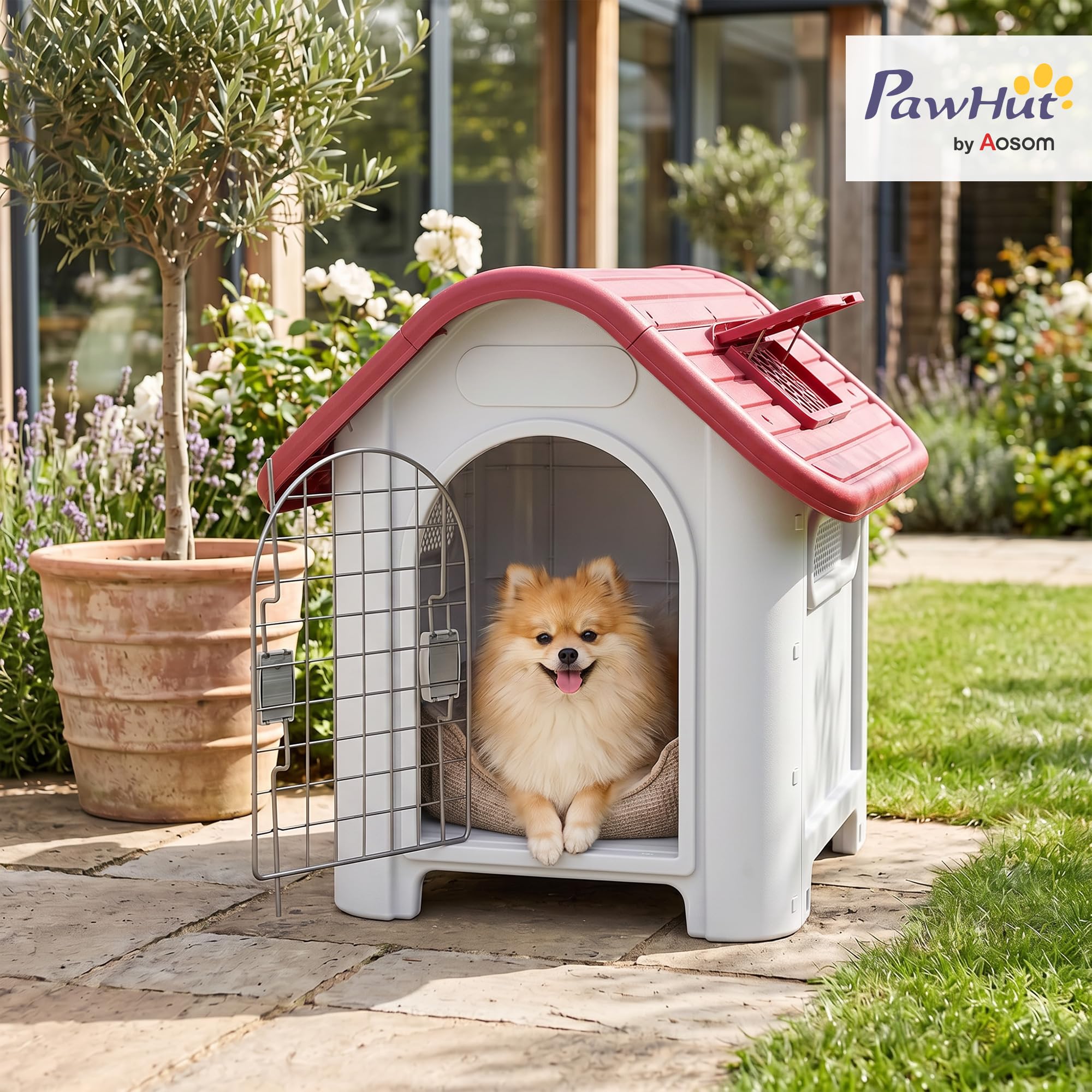 PawHut Caseta para Perro con Puerta Extraíble Base Elevada 3 Respiraderos y Ventana Abrible Caseta de Perros para Interior y Exterior 59x75x66 cm Gris Rojo