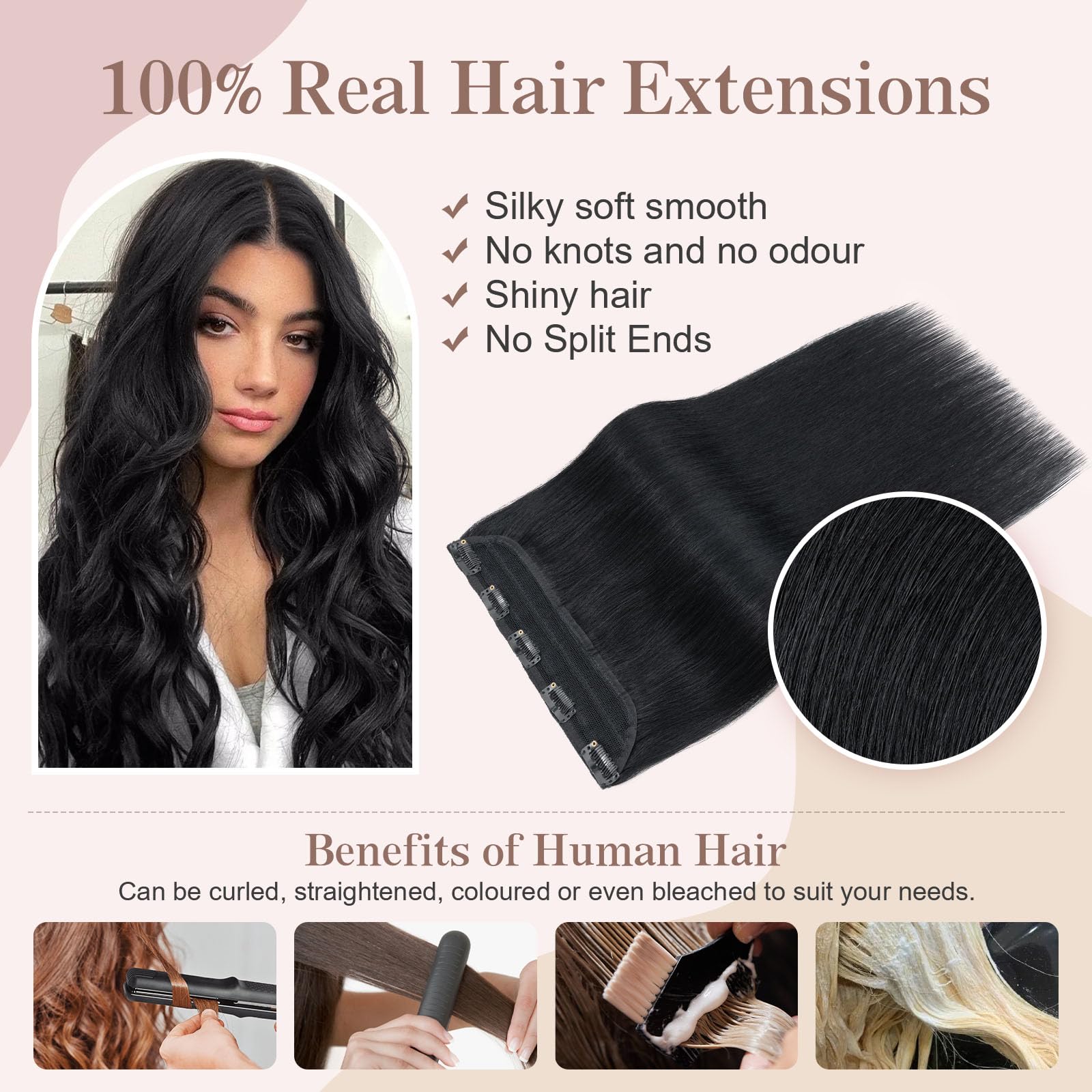 SEGOHAIR Clip in Human Hair Extensions, 20" One Piece 5 Clips Thick Clip in Hair Extension - 3/4 Full Head - Jet Black - Image 3