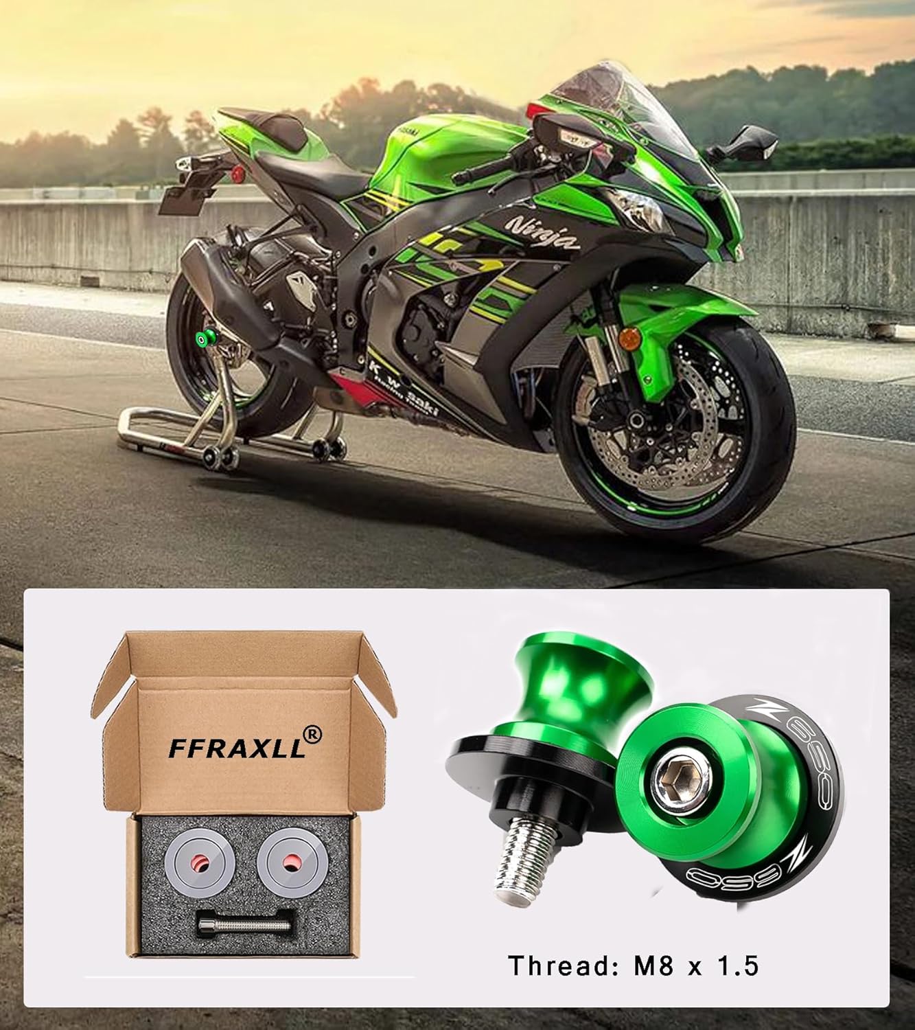For Z650 Ninja650 2017-2025 8MM Swing arm Spools Slider Stand M8 x1.5 Green for KAW&-ASA*KI NINJA 650 Z650 Z650RS Z900 2017 2018 2019 2020 2021 2022 2023 2024 2025