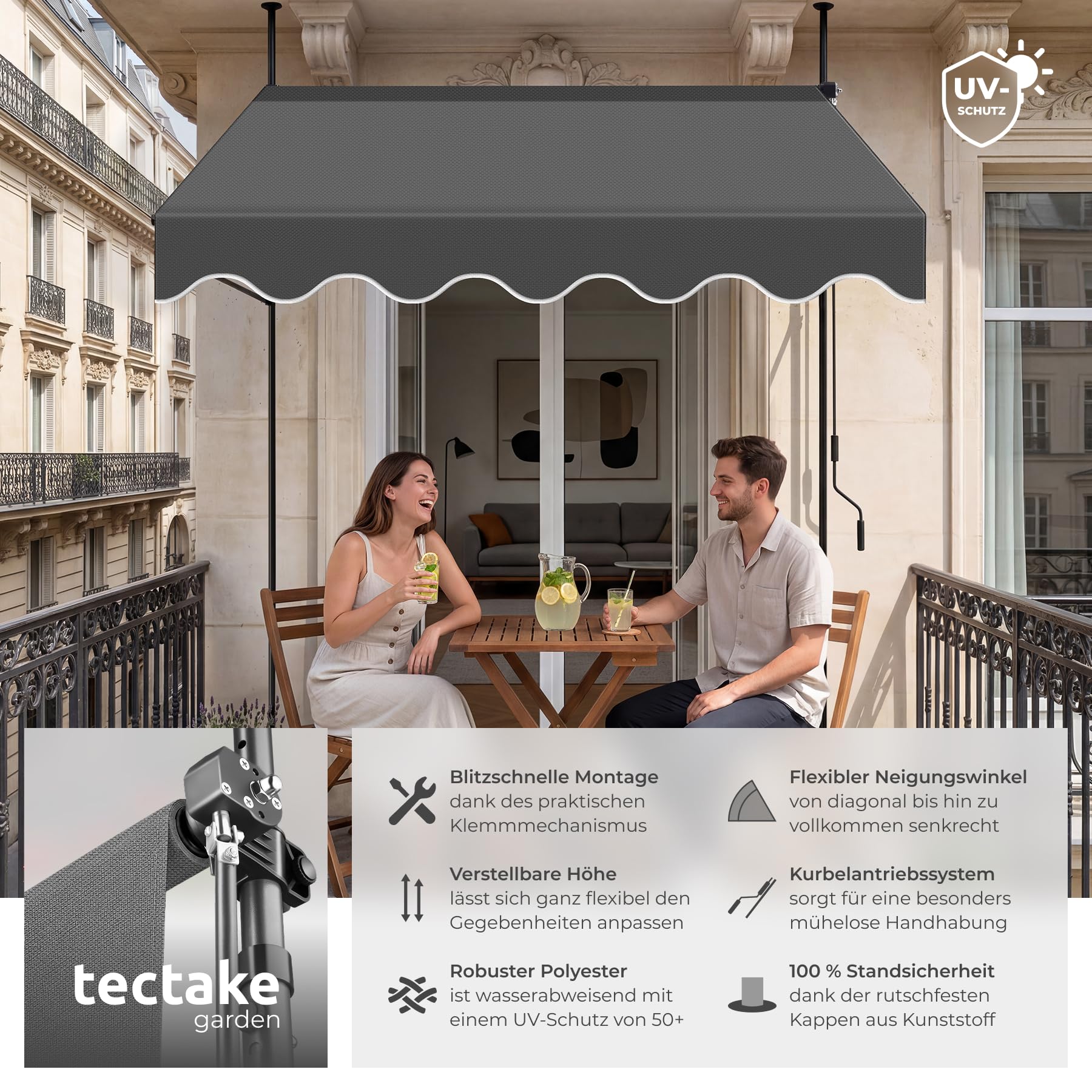 tectake® Klemmmarkise mit Handkurbel, Balkon Markise ohne Bohren, Markise höhenverstellbar, UV-beständig, wasserabweisend, 