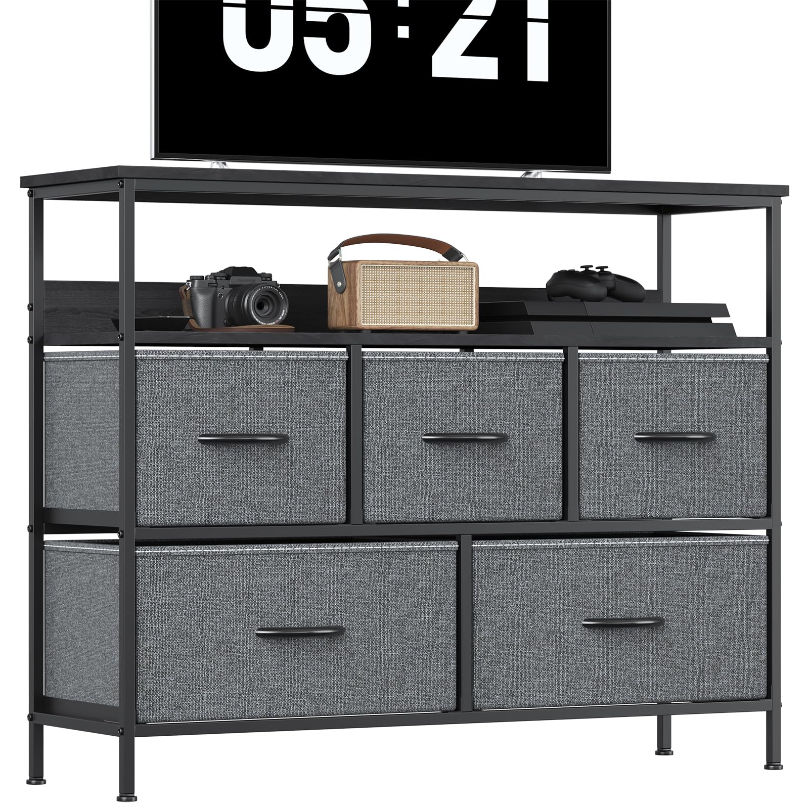 Kommode mit TV-Aufsatz, 5 Stoffschubladen – Stoff Kommode Schlafzimmer, stabilem Stahlrahmen & MDF-Platte | Kommode Organizer, Aufbewahrungsmöbel für Schlafzimmer, Wohnzimmer & Flur, Dunkelgrau
