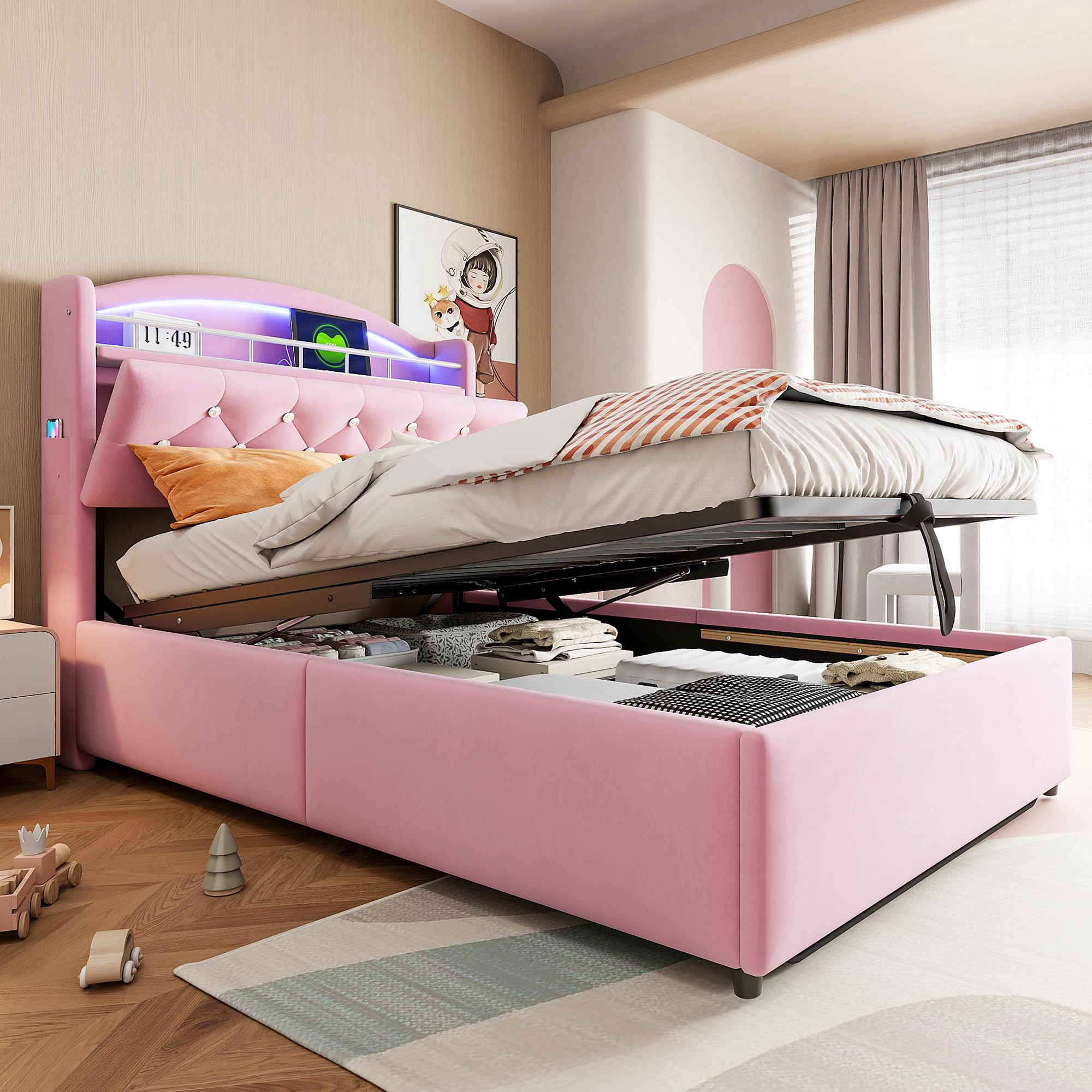 Letto imbottito per bambini,90x200cm,3 USB+C,illuminazione a LED,contenitore idraulico,contenitore e tasche laterali,letto multifunzionale,letto singolo,velluto,senza materasso,Rosa