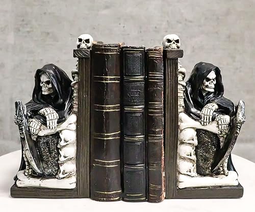Miniatura 3 de Ebros Gift Parca gótica, señor oscuro sentado en calaveras y huesos de esqueleto, tronos, par de sujetalibros, estatua de 7 pulgadas de alto,