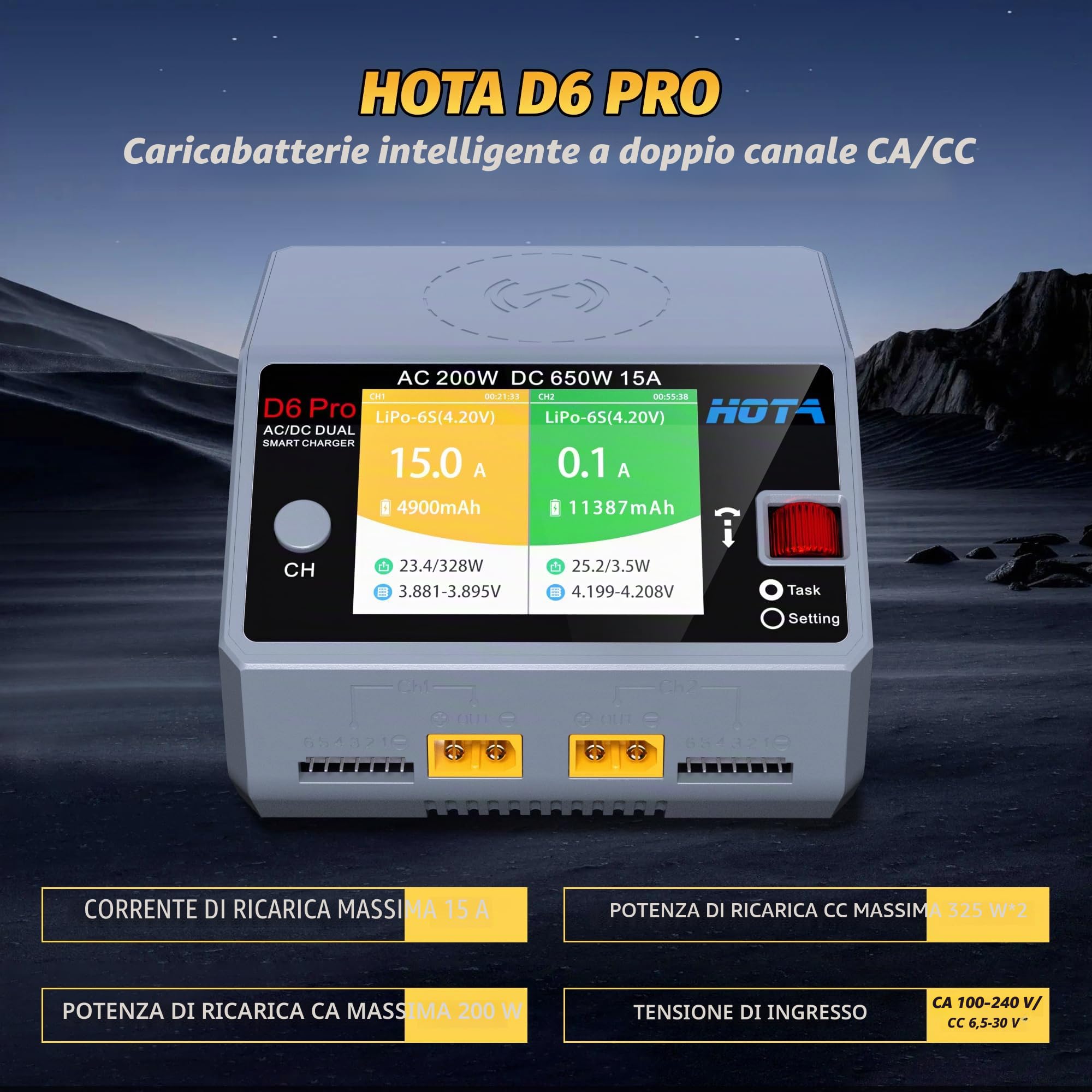 HOTA D6 Pro RC Batteria Dual RC Caricabatterie AC200W DC 325W 15A Balance Charger per RC LiHv Nicd NiMH Ricarica Batteria RC Auto RC Barca FPV Race Drone Parti