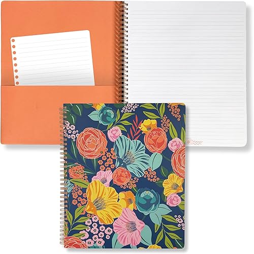 Steel Mill Co - Cuaderno de espiral grande con diseño floral 11 x 95 con tapa dura duradera y 160 páginas forradas flores de jardín azul marino