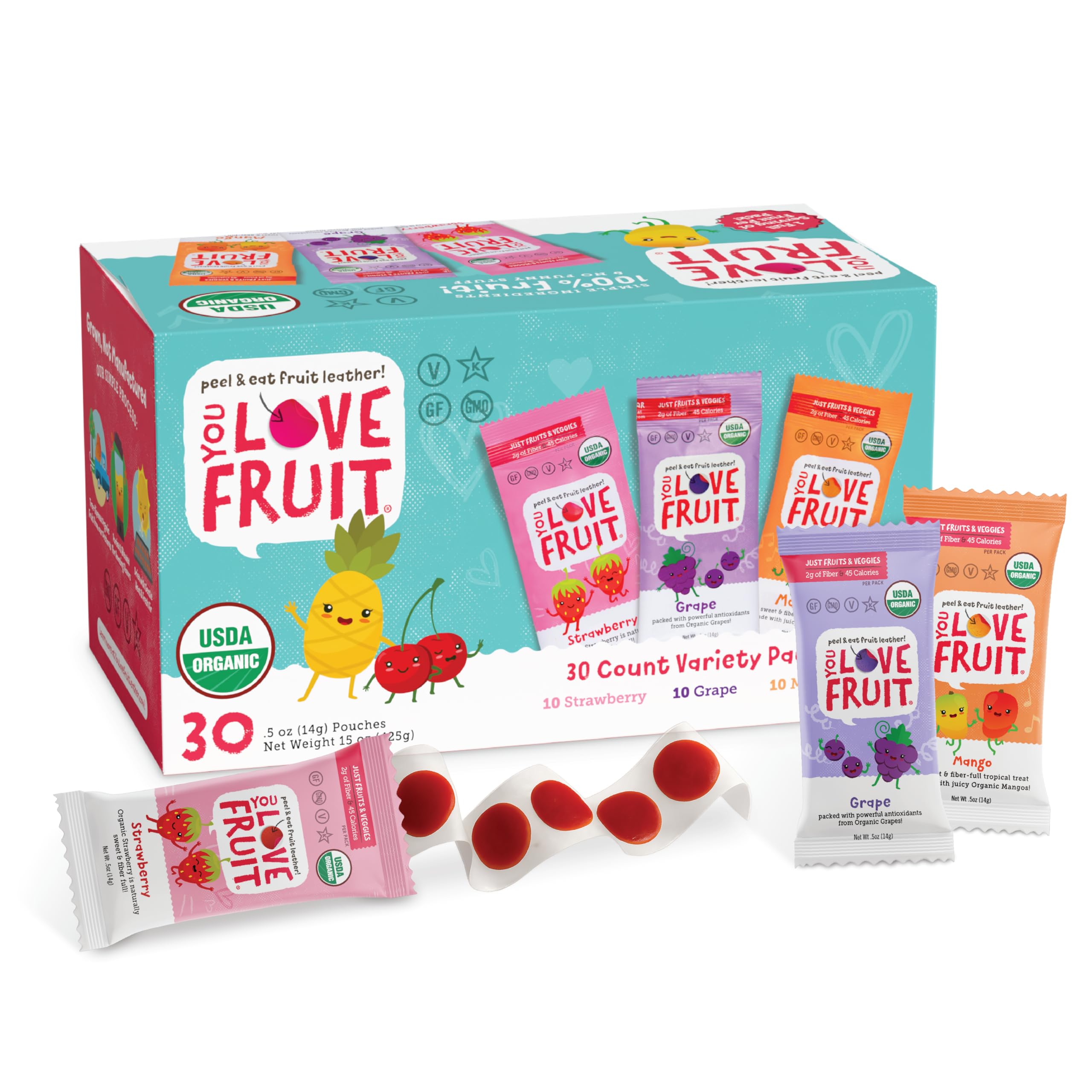 YOU LOVE FRUIT - Fruit Snacks Variety Pack 30 count, 100% Natural Gluten-Free, Vegan, Low Carb, Low Fat Fruit Kosher Snacks for Kids, College Students, Teachers and Offices, Healthy Fruit Snacks (Strawberry, Grape, Mango)