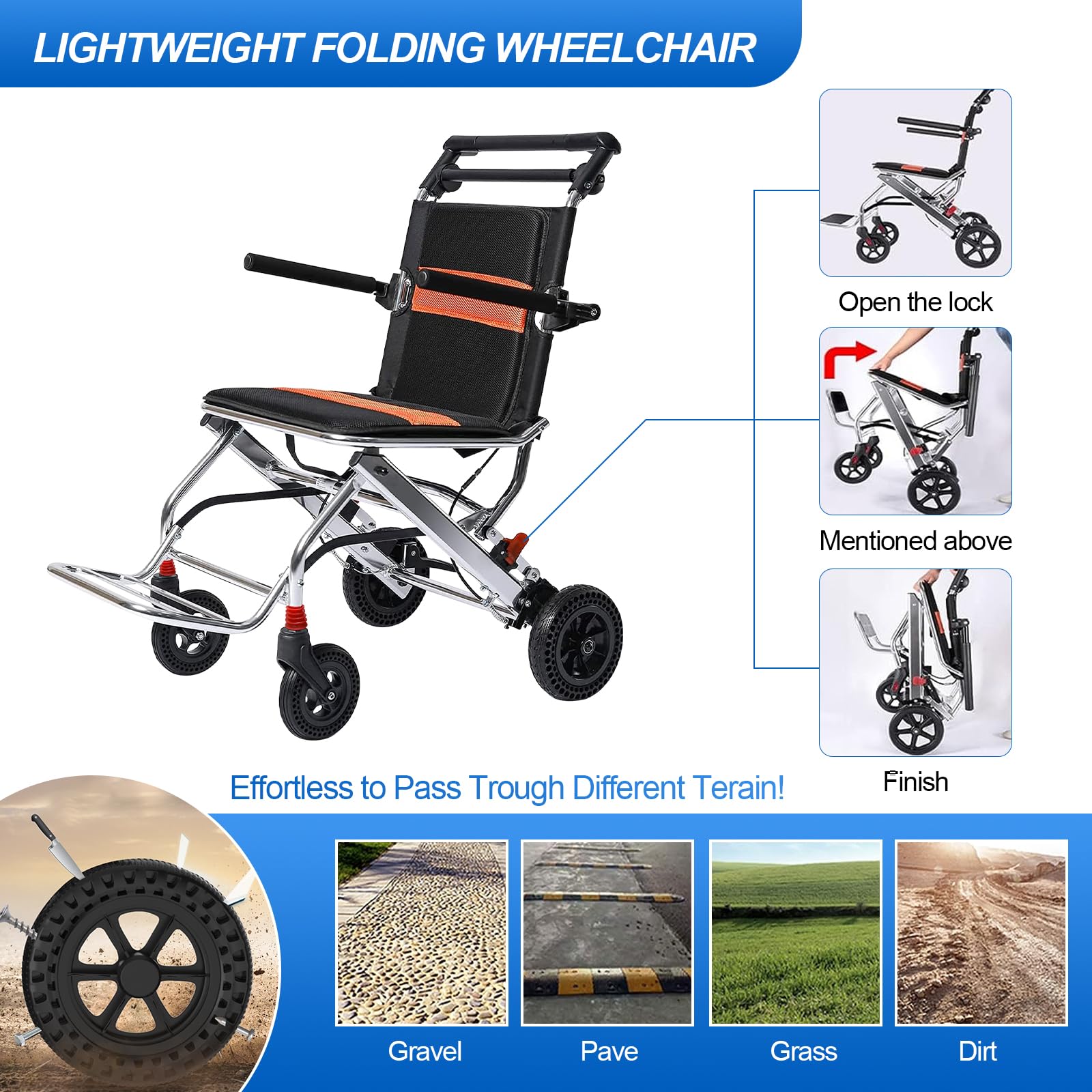 Silla de ruedas plegable ligera, diseño de tránsito portátil, freno de mano, aleación de aluminio, ultraligera para adultos y niños, incluye bolsa de transporte