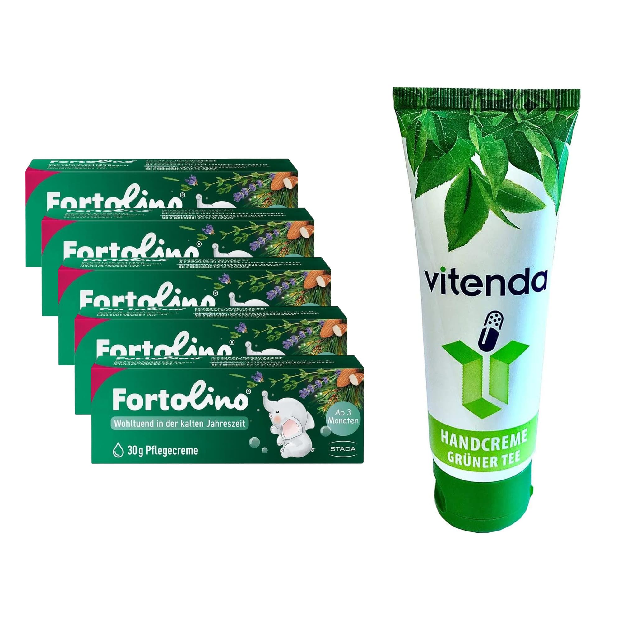 Set: Pflegecreme für Brust & Rücken mit Mandelöl für Babys & Kinder ab 3 Monaten mit Fortolino, 5x30g – inkl. vitenda Handcreme