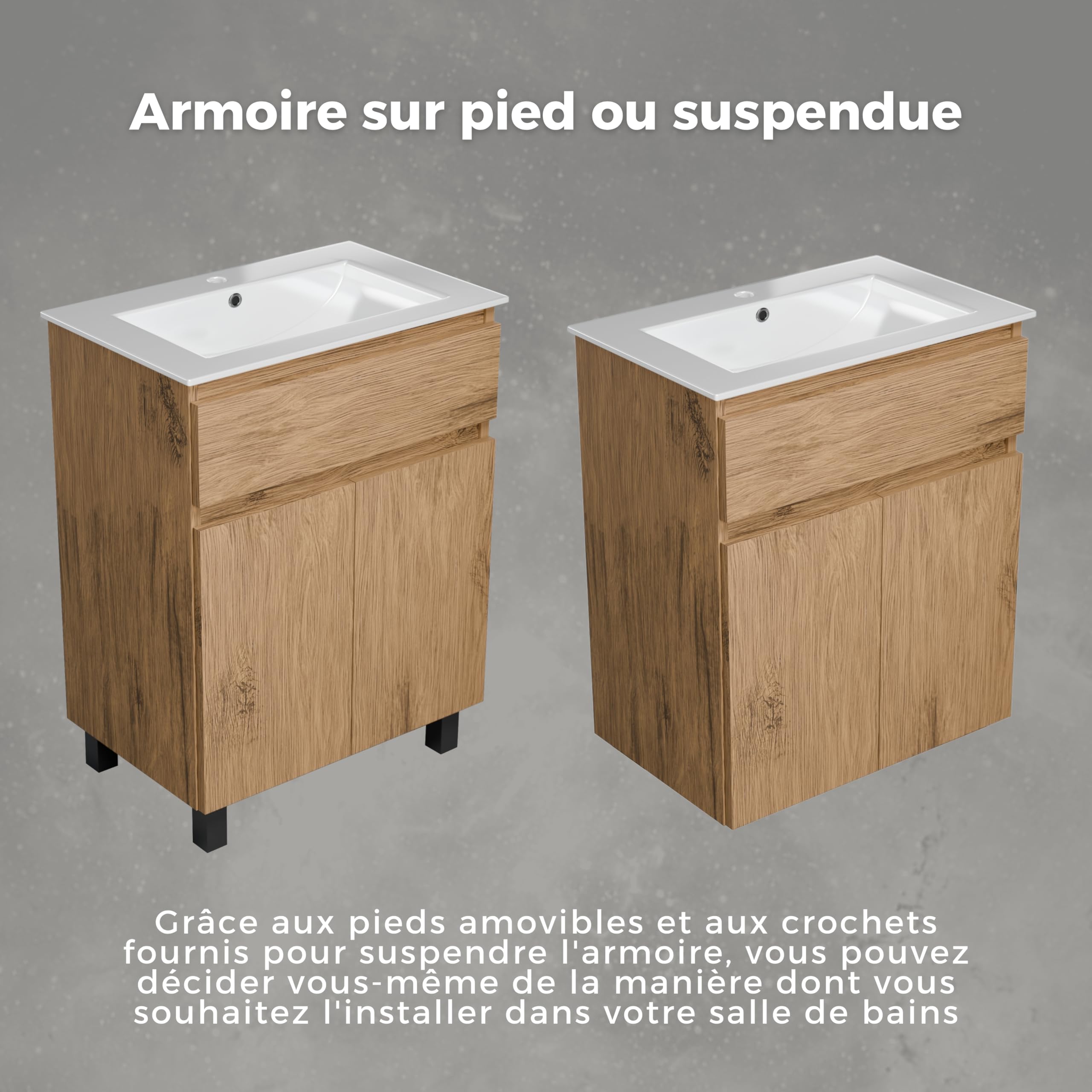 Meuble Salle de Bain 60 cm avec Vasque Ariza Sink | Meuble sous lavabo avec 1 tiroir et 2 Portes | Suspendu ou Debout | Bois Chêne