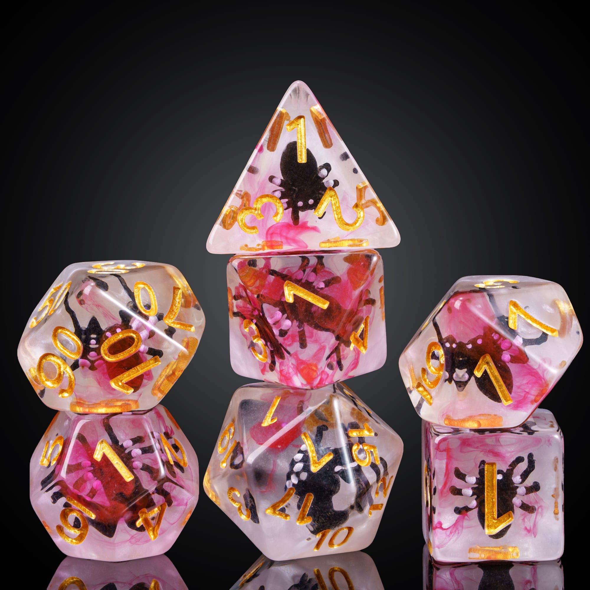 cusdie 7-Die DND Dice, Polyhedral Dice Set Filled with Animal, for Role Playing Game Dungeons and Dragons D&D Dice（Black Spider）