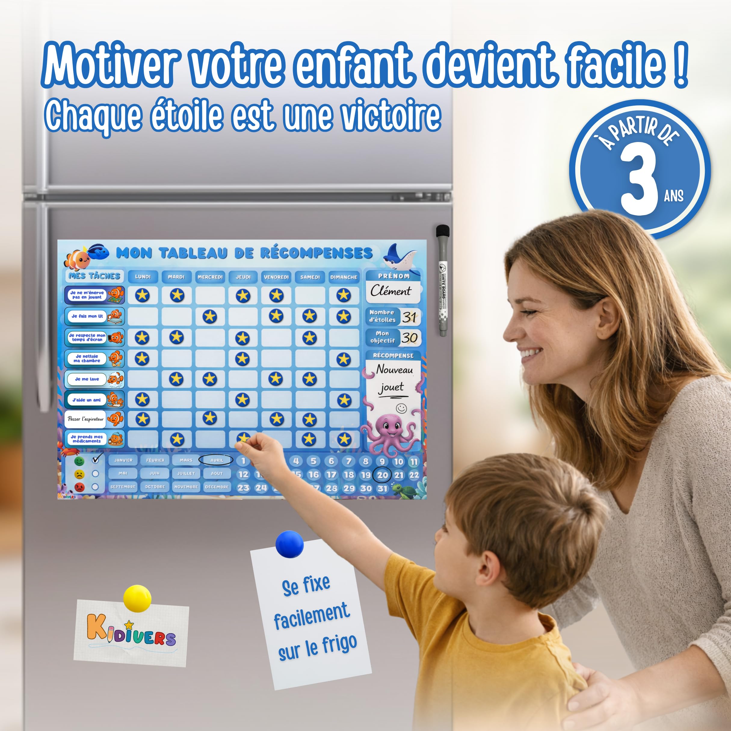 Tableau de récompense Enfant avec Humeur & Date – Tableau magnétique comportement & tâches Quotidiennes | Planning Enfant, Routine & Bon Point | autonomie (Océan)