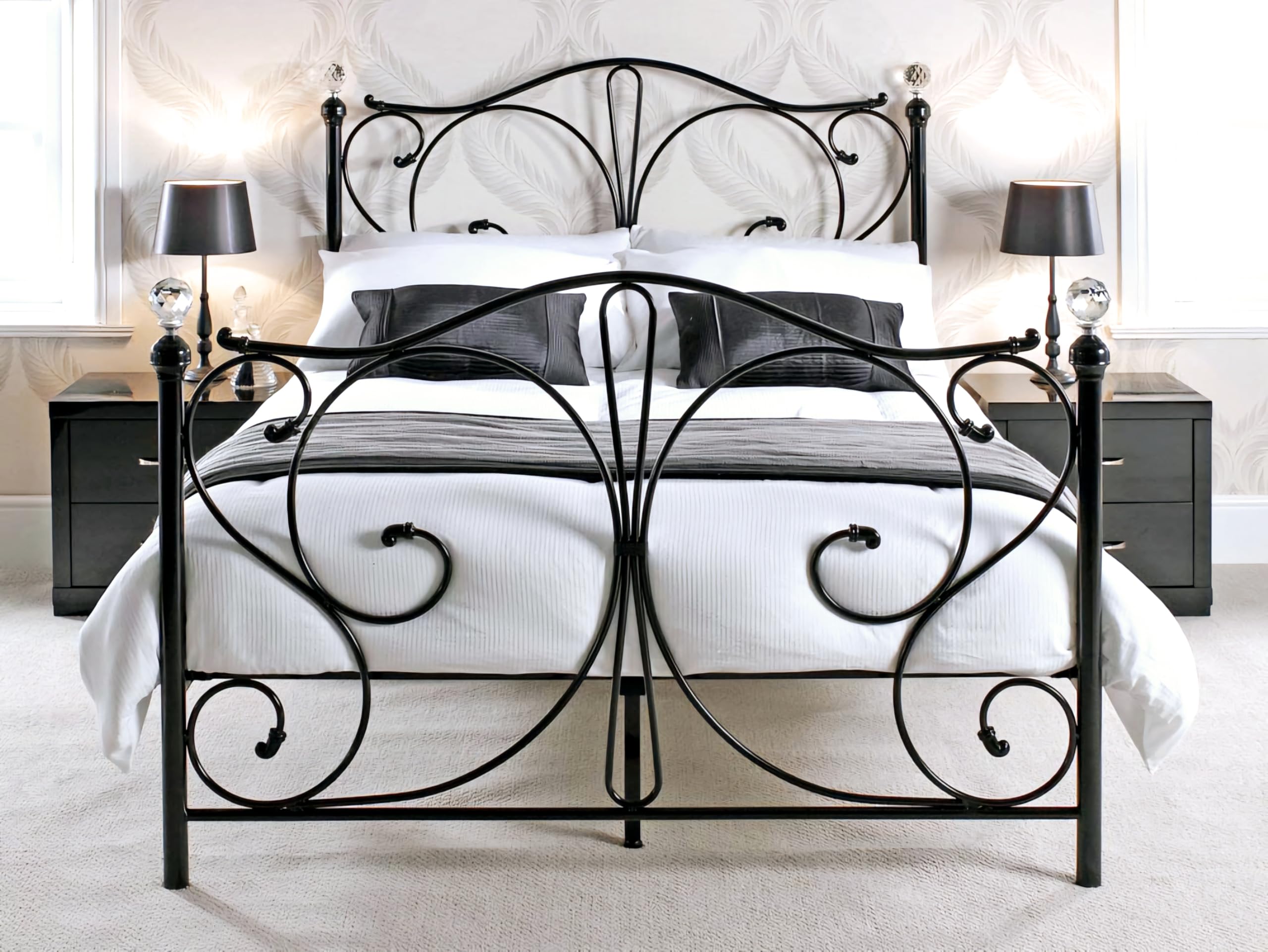 eFurniture | Metal Bed Frame and Memory Foam Mattress | 3ft 4ft 4ft6 5ft Single Double King | Black or White | Easy Assembly | Sprung Slats Extra Support Legs (Black, 5ft King Size - No Mattress)