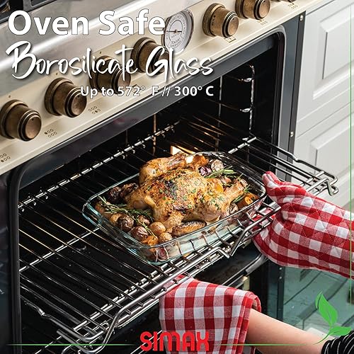 Miniatura 3 de Simax Plato asador de vidrio transparente sartén rectangular grande para hornear y cocinar - Utensilios de cocina aptos para horno y lavavajillas -