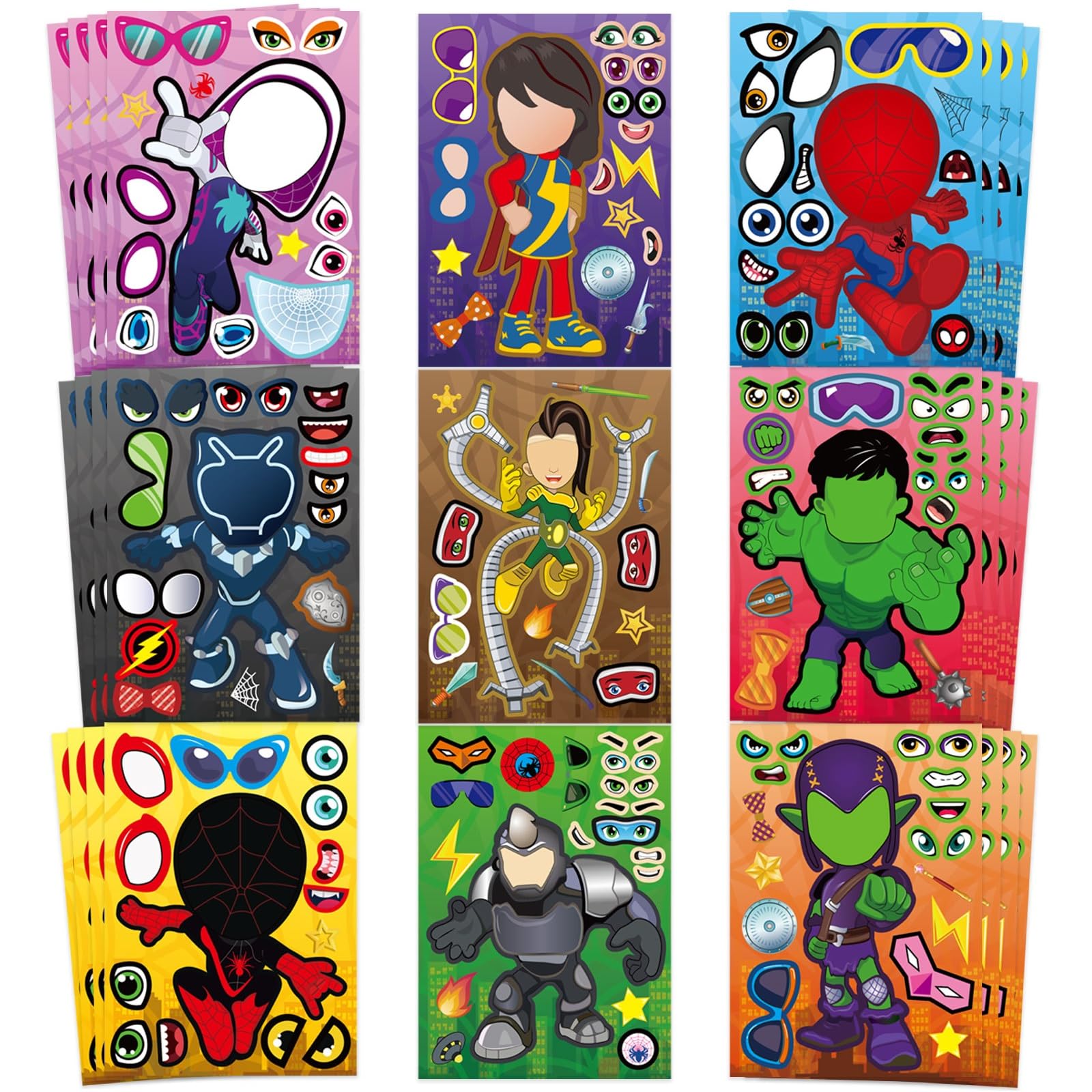 36 Pieces Make-a-face Stickers Pack, Mixed & Matched with 9 Designed Characters(4 of Each) Make Your Own Stickers for Kids Teens Party Decoration, Reward, Decor, Gift Idea