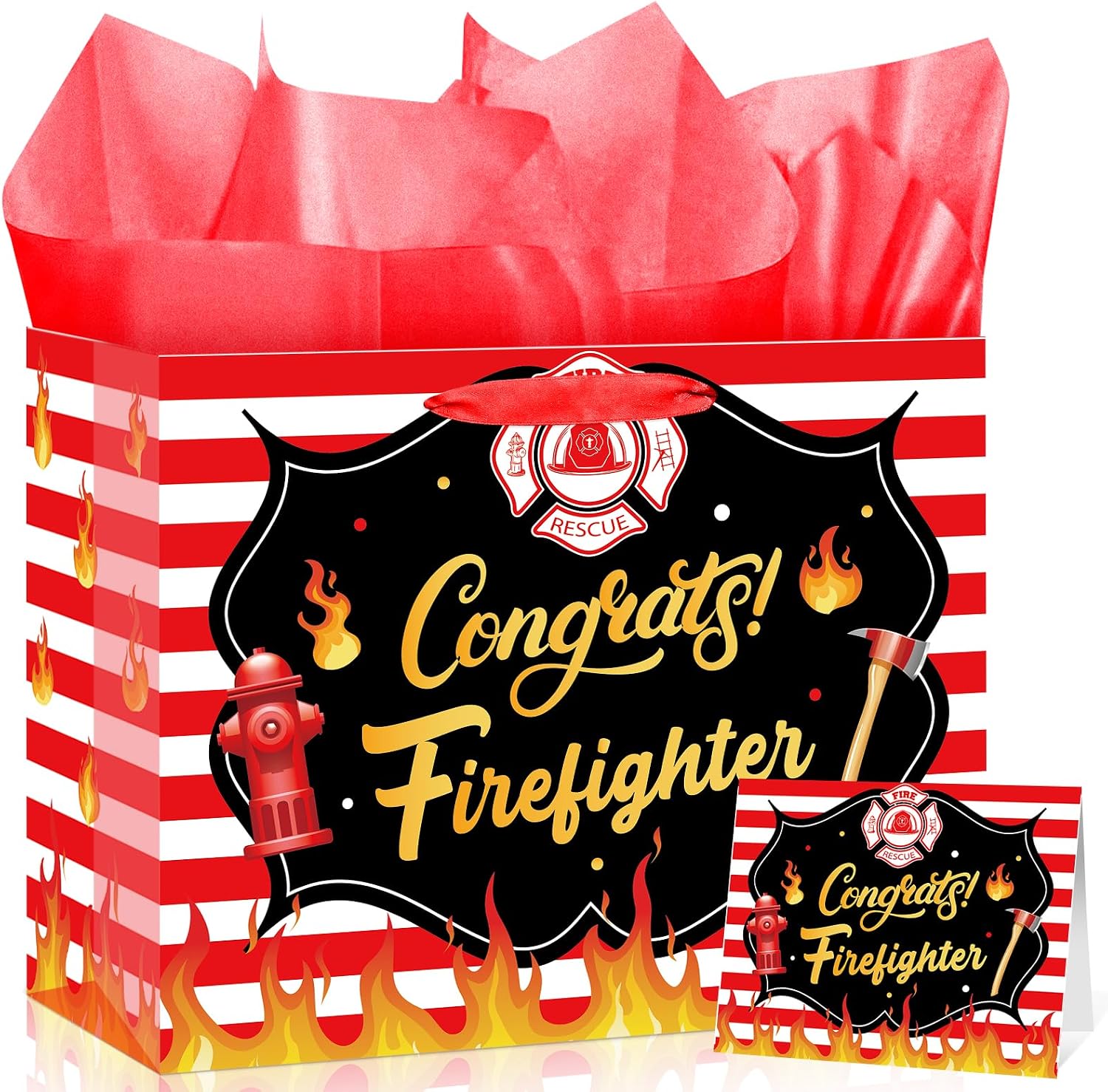 TagreSpike Firefighter Gift Bag with Tissue Paper Card, Congrats Firefighter Gift Bag Fireman Wrapping Paper Bag for Fire Department Academy Graduation Retirement Birthday Party Favors