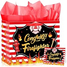 TagreSpike Firefighter Gift Bag with Tissue Paper Card, Congrats Firefighter Gift Bag Fireman Wrapping Paper Bag for Fire Department Academy Graduation Retirement Birthday Party Favors
