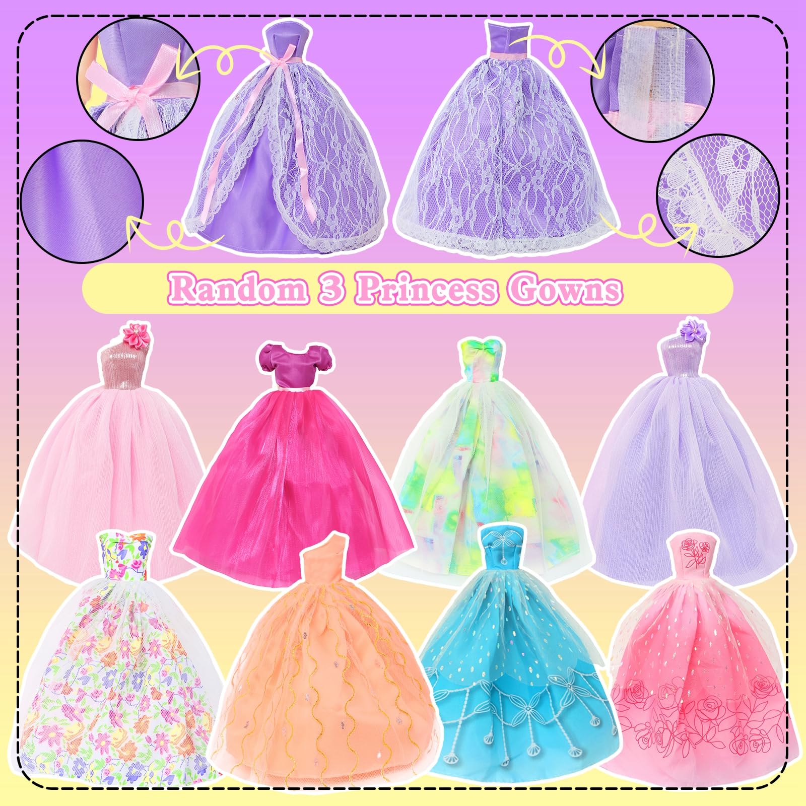 62Pcs Doll Clothes & Accessories - 3 Princess Wedding Gowns, 2 Evening and 5 Fashion Casual Dresses, 2 Tops Pants Outfits, 5 Slip Dresses, 2 Swimsuits, 10 Shoes & 10 Hangers for 11.5 Inch Girl Doll