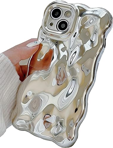 Funda compatible con iPhone 15, diseño de burbujas onduladas 3D, color plateado, cromado, suave, brillante, cámara, a prueba de golpes, para mujeres