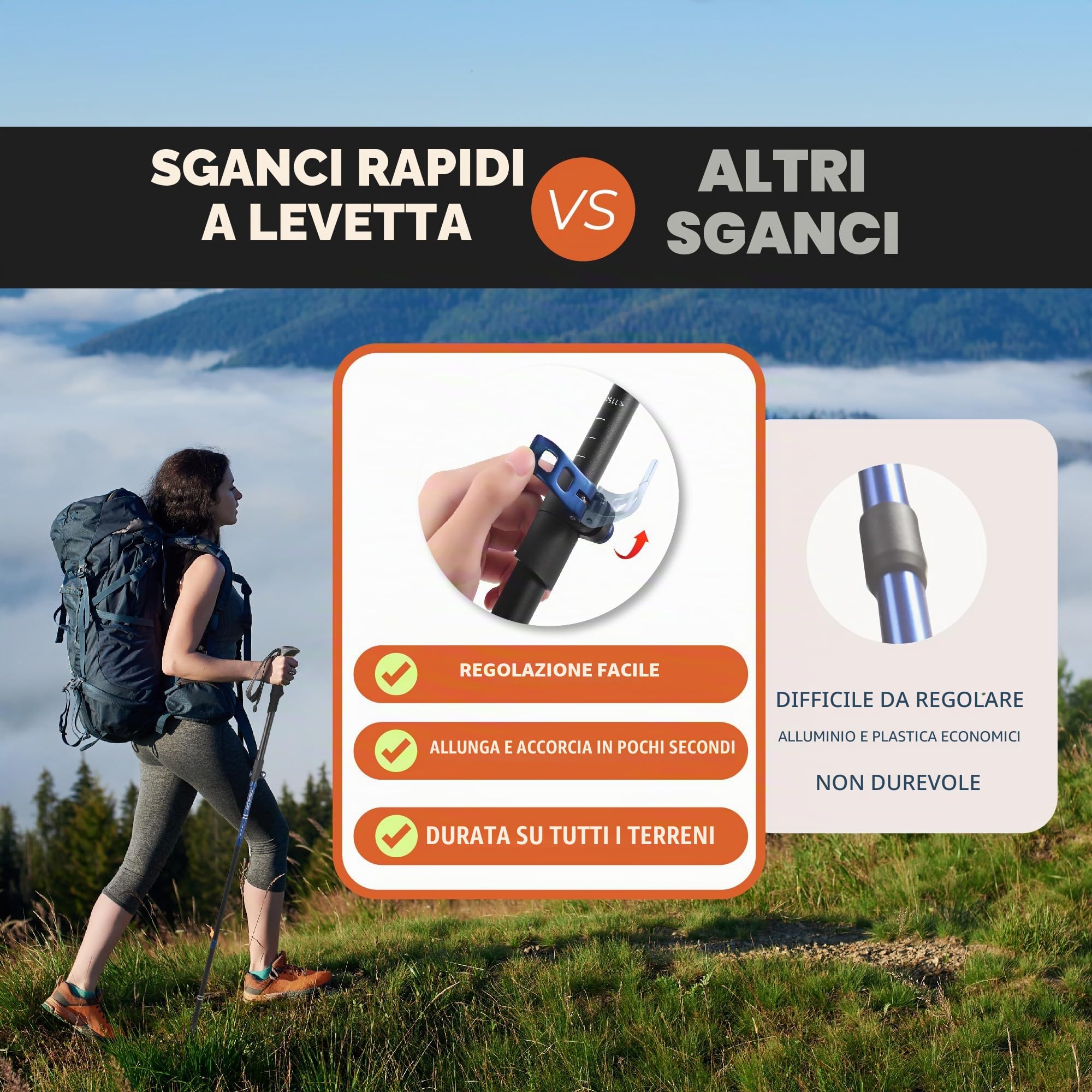 TREKOLOGY TREKZ Cork SE 2PCS Bastoncini Trekking Pieghevoli con Impugnatura in Sughero - Leggeri Retrattili per Nordic Walking, Zaino in Spalla, Campeggio, Hiking, Accessori