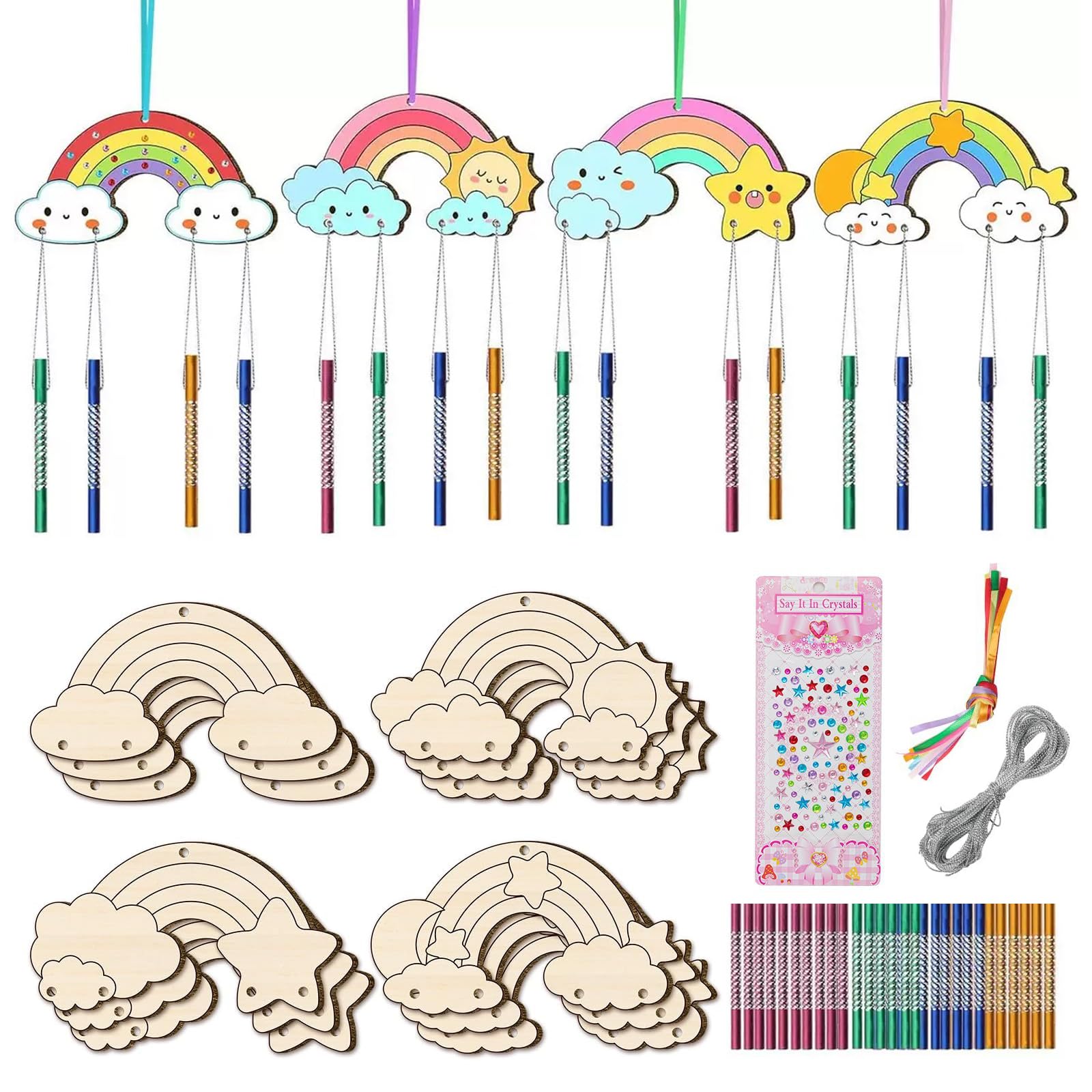 Ydakguey Girls White Rainbow Wind Chime Crafts, 12 Pcs Make Your Own Rainbow Windchime, Birthday Decoration Wood Painting Craft With Hanging, Birthday Gifts For Boys
