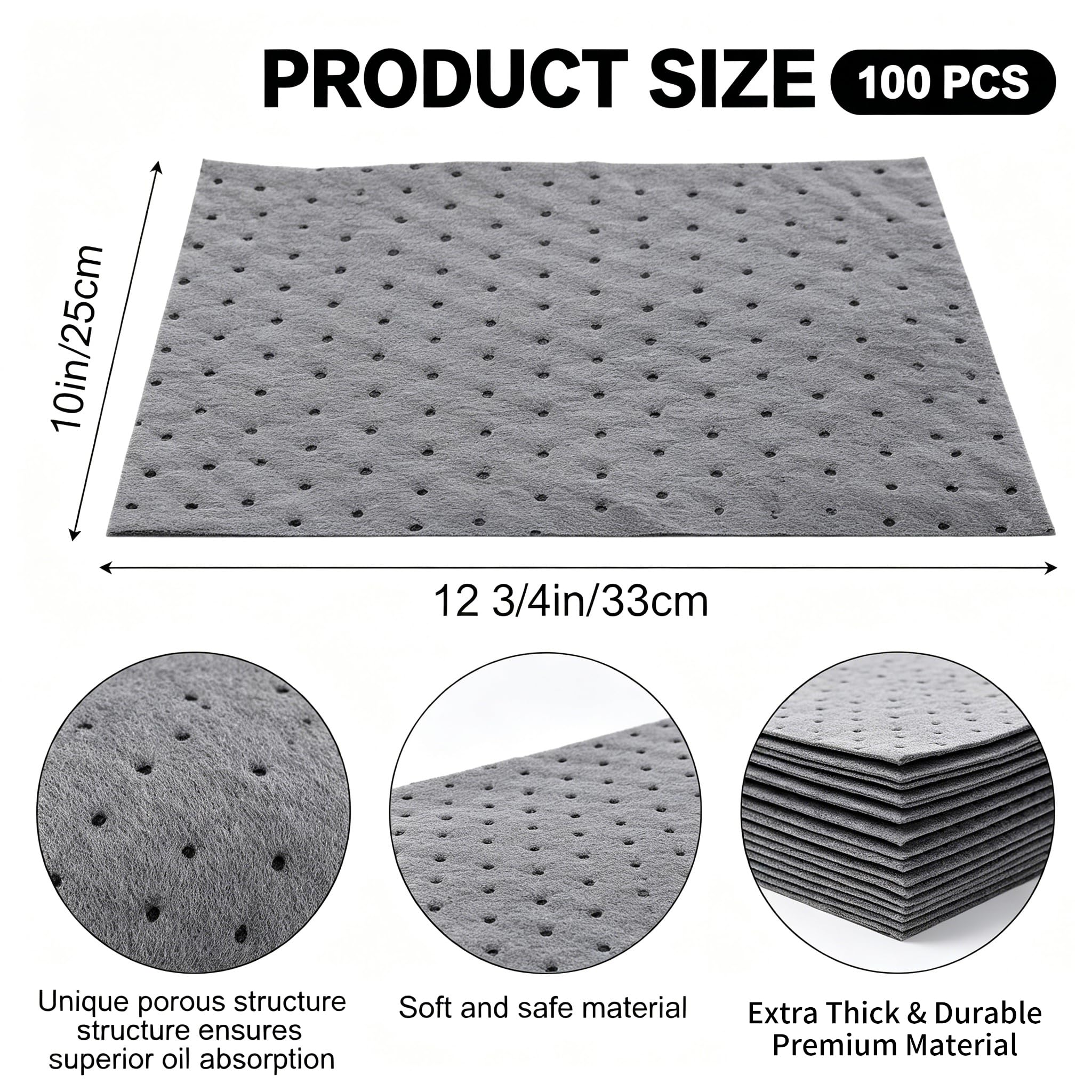 Okllen Lot de 100 tampons absorbants d'huile, Poids Unique, Tapis à fossettes, 25 x 33 cm, Tapis Anti-déversement d'huile pour protéger la Maison, Le Garage, la Cave, Gris