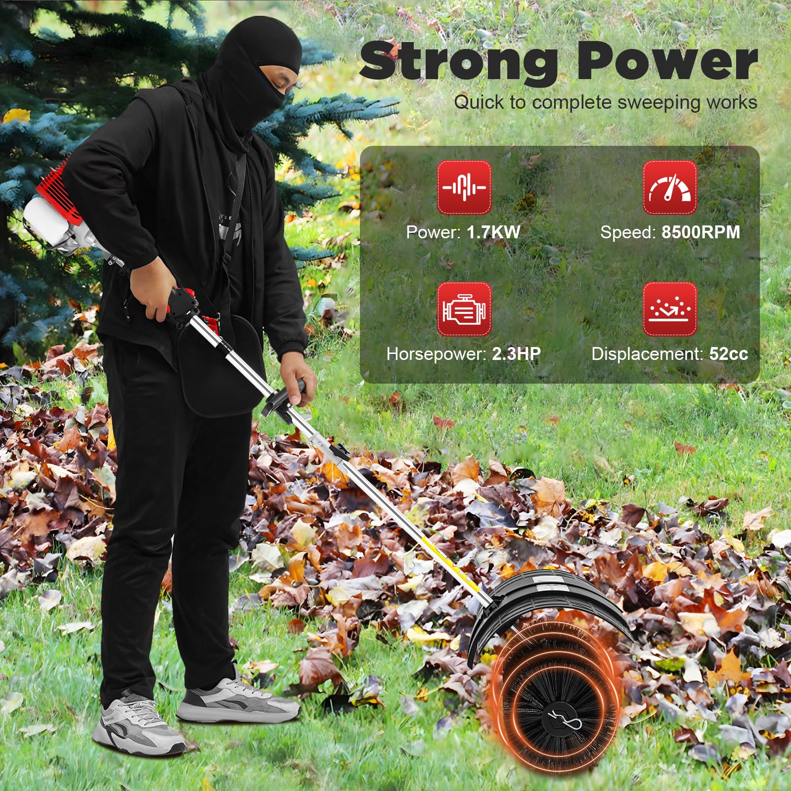 Upgraded Gas Handheld Sweeper, 52CC 2.3HP 2 Stroke Outdoor Power Snow Sweeping Broom with Air Cooled Motor & Blower Lawns Sweeper Machine for Street Farms Driveway Snow
