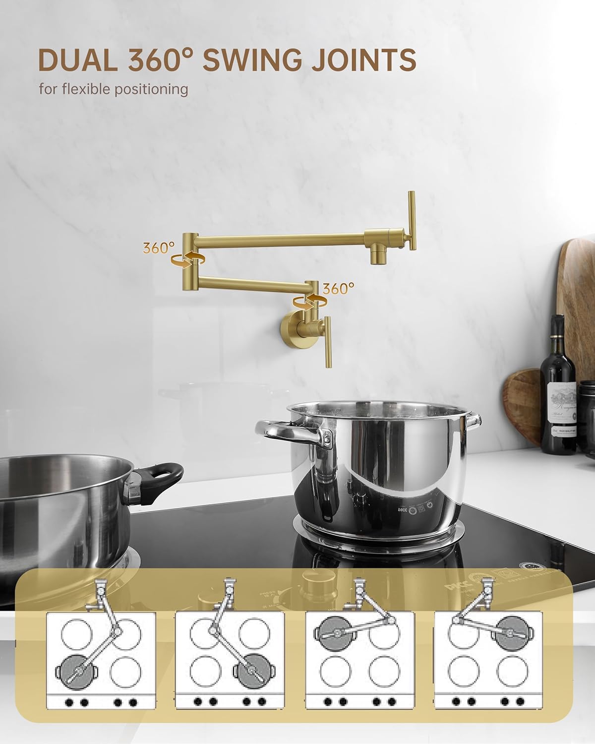 Fransiton Brushed Gold Pot Filler, Pot Filler Faucet Wall Mount, Brass Folding Stretchable with Double Joint Swing Arm Single Hole Two Handles Kitchen