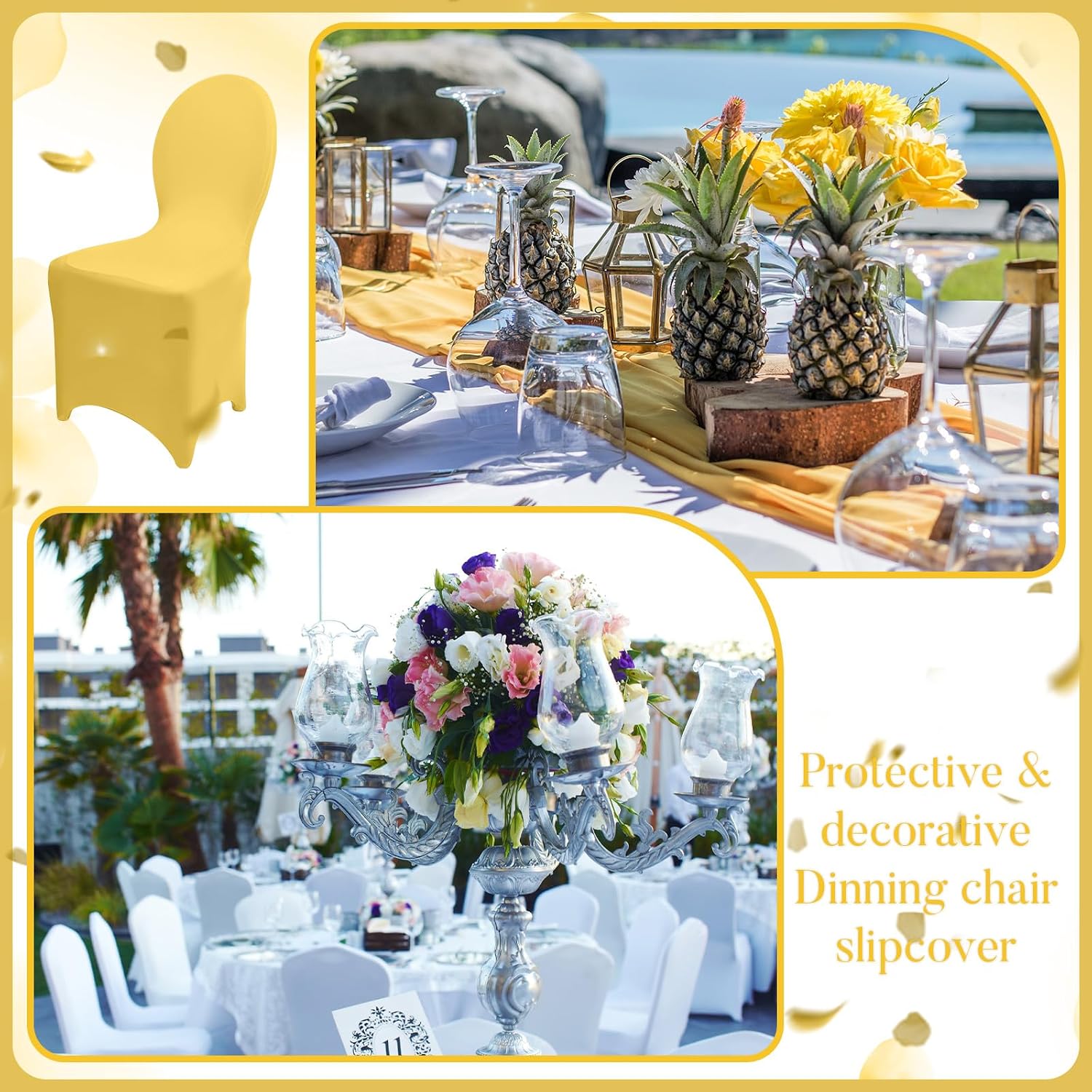 Macarrie 60 Pcs Chair Covers Wedding Seat Slipcovers Polyester Spandex Folding Chair Covers for Wedding, Banquet Party, Celebration Event, Dining Room, Living Room(Yellow)