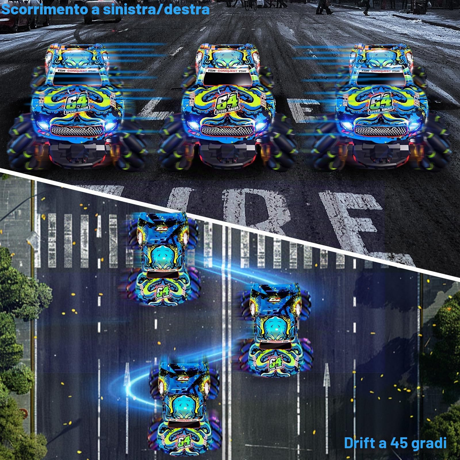 Monster truck telecomandato con luci, musica e rotazione a 360°