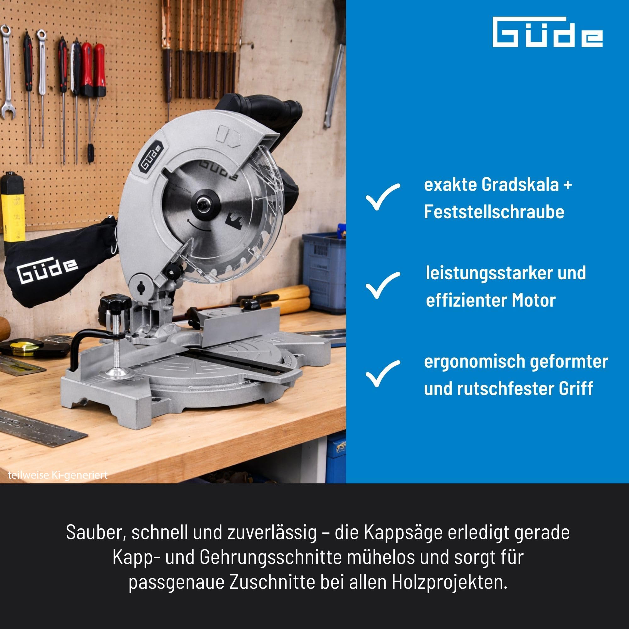 Güde Piła ukośna GKS 2134.1 (230 V, 1100 W, prędkość obrotowa silnika 5500 1/min, średnica brzeszczotu 210 mm, głowica obracana do 45°, zakres cięcia (przy 90°/90°) 60 x 120 mm, skala stopni, w