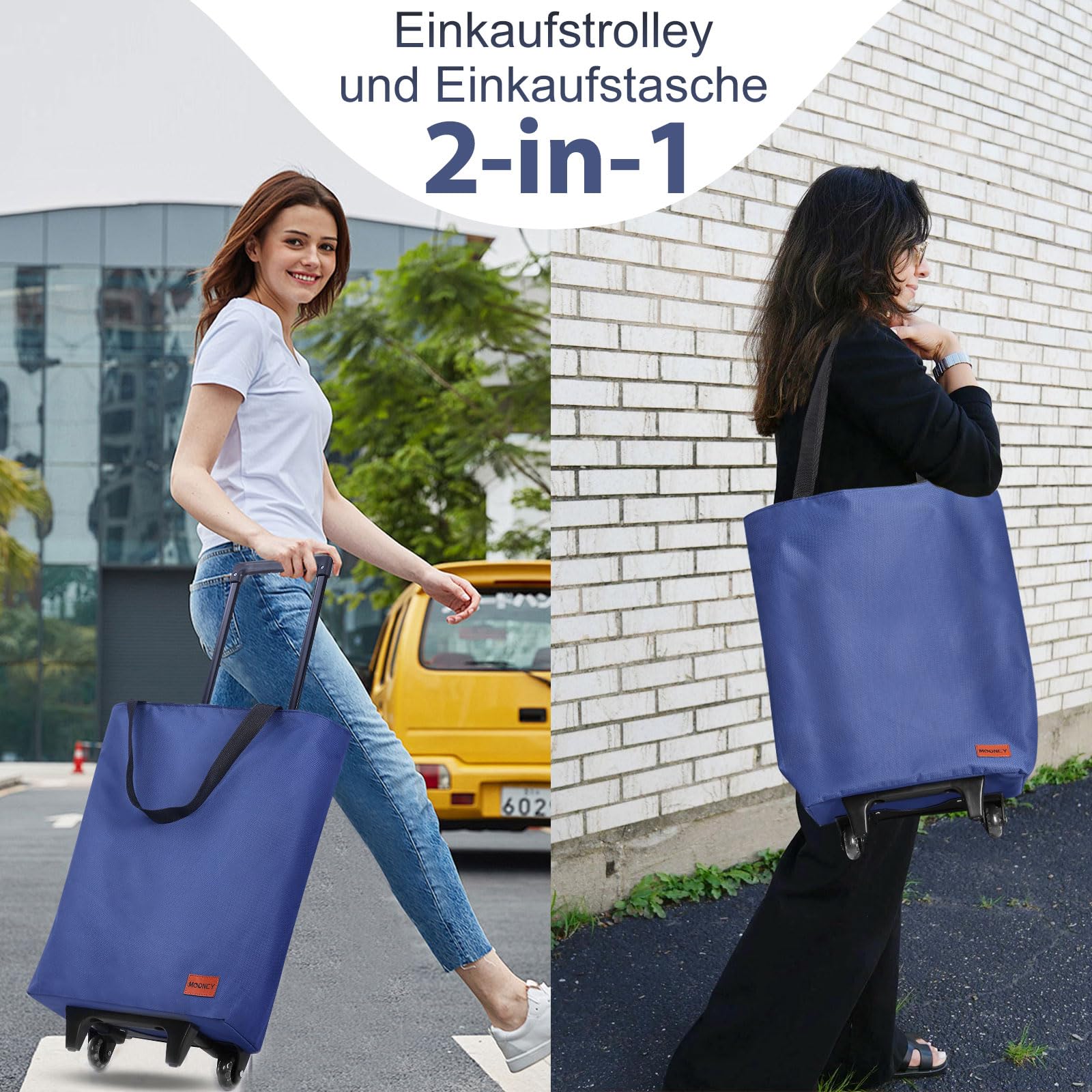 MOONCY Trolley per la spesa, 2 in 1, grande borsa per la spesa su ruote, leggero, pieghevole, per campeggio e viaggi, con risolvente per carrello della spesa, blu