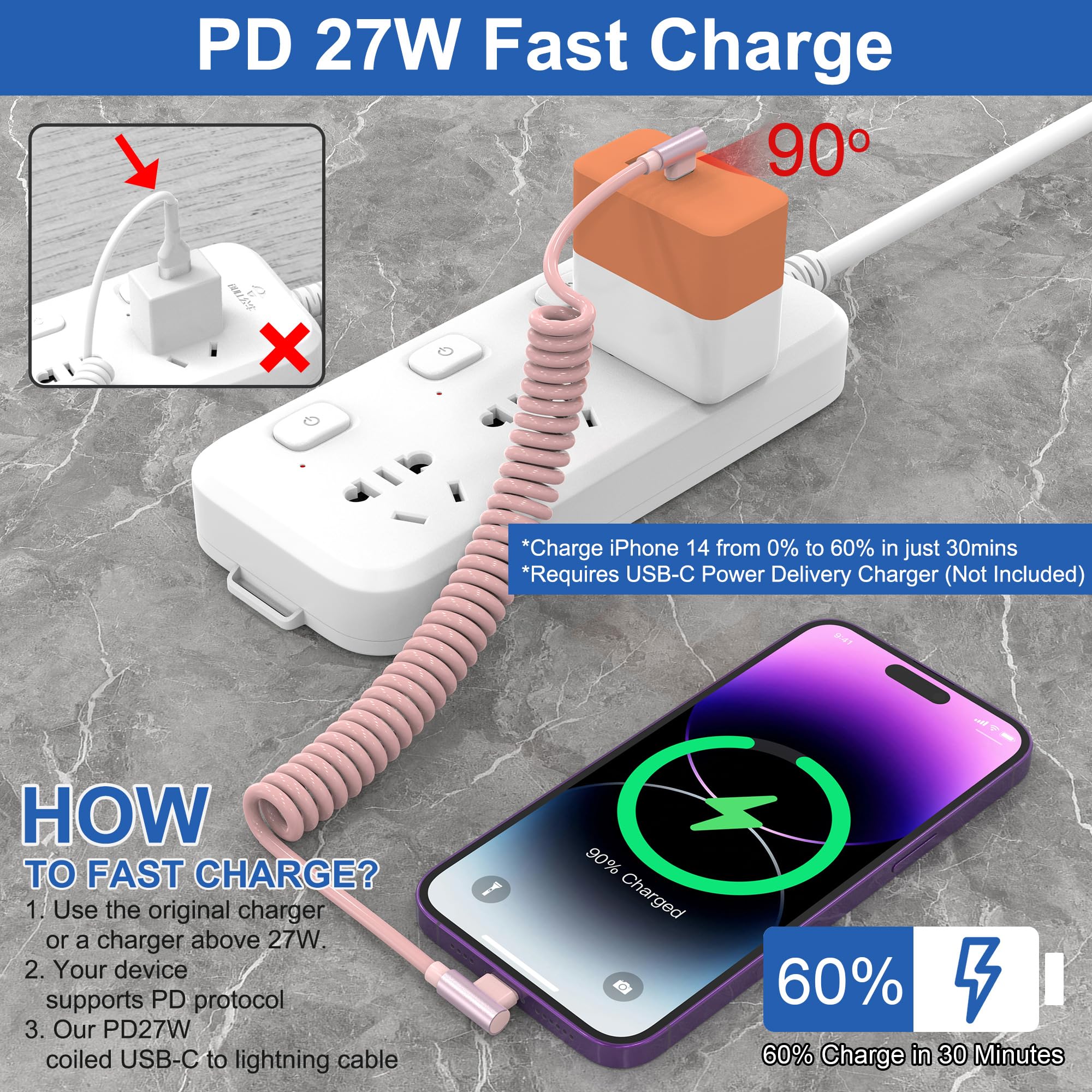 2 Cavi Lightning A Spirale USB-C 90° Certificati MFi - Retrattili, Per CarPlay, Ricarica Veloce 3A (0,4-1,8m) - 5