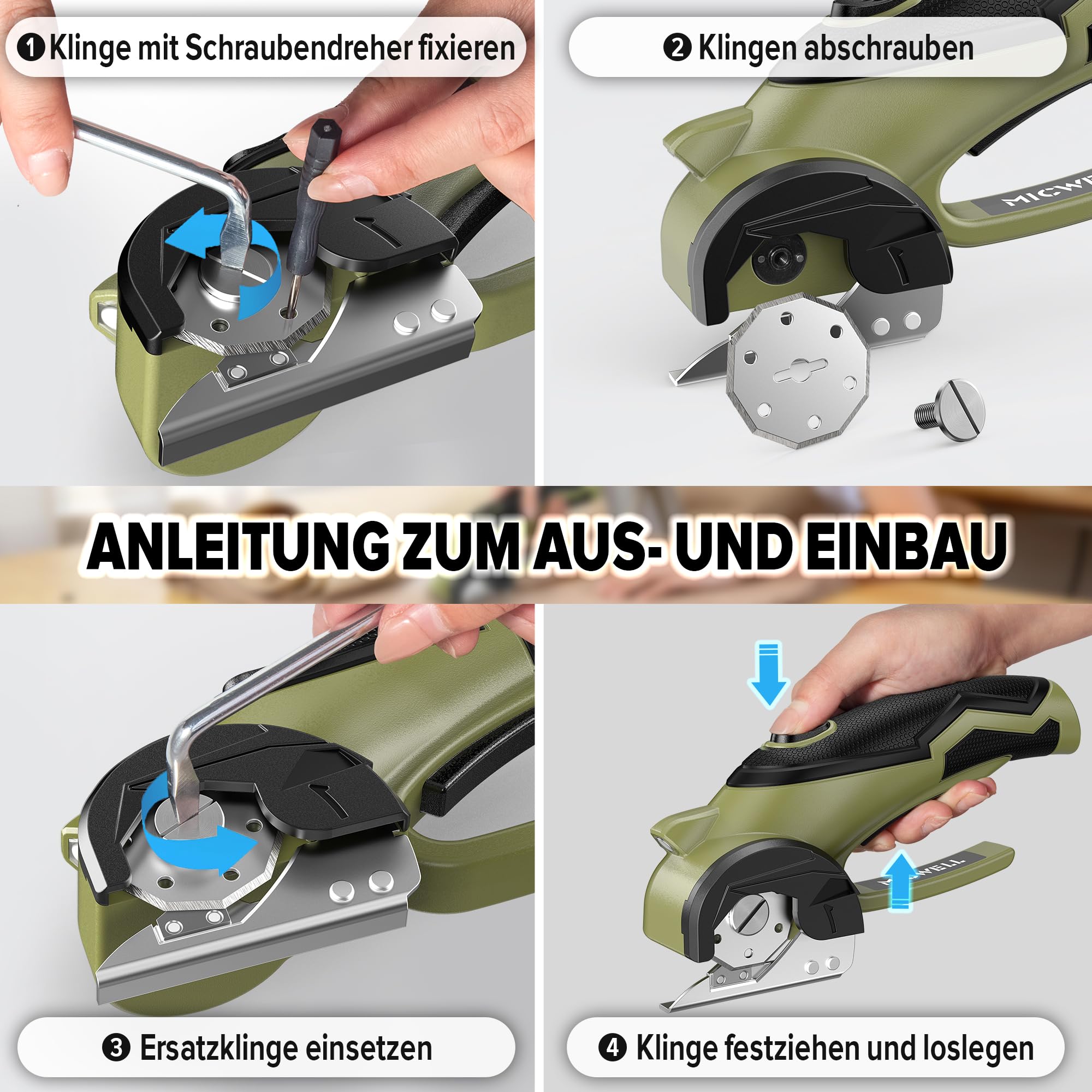 MICWELL Kartonschneider Elektrische Schere mit 4 Selbstschärfende Klingen - 4V Kabellose Rollschneide mit Sicherheitsschloss & LED-Licht, für Karton, Stoff, Leder, Kunststoff und Teppich