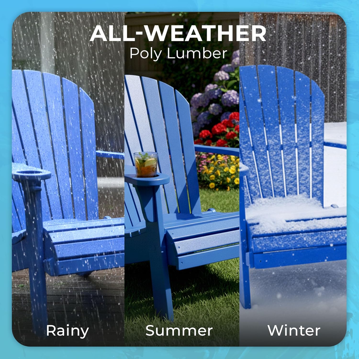 Ecommersify Folding Adirondack Chair with Cup Holder - (Blue) - Heavy Duty Recycled Poly Lumber Folding Chair - Amish Crafted Outdoor Furniture - Made in USA