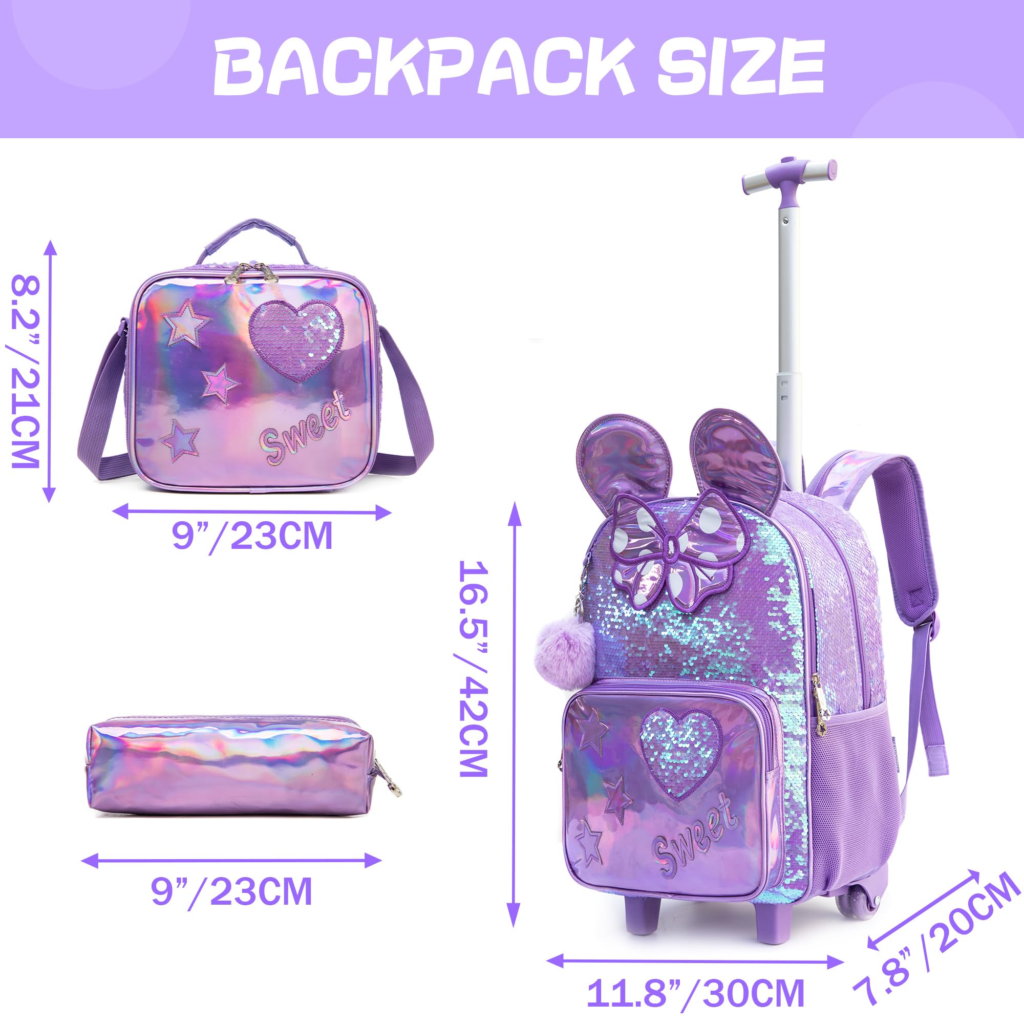 Meetbelify Rolling Backpack for Girls Backpacks with Wheels for Elementary School Students Kids 3 in 1 Travel Luggage Suitcase with Lunch Box Pencil Case for Girls Age 8-10 Cute